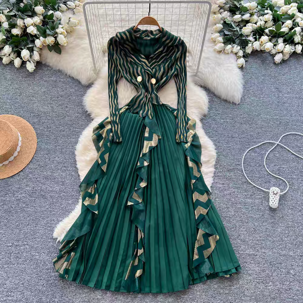 European and American cross-border three bedroom patchwork lotus leaf edge hot stamping pleated dress suit collar double breasted waist cinched long sleeved dress European and American cross-border three bedroom patchwork lotus leaf edge hot stamping pleated dress suit collar double breasted waist cinched long sleeved dress