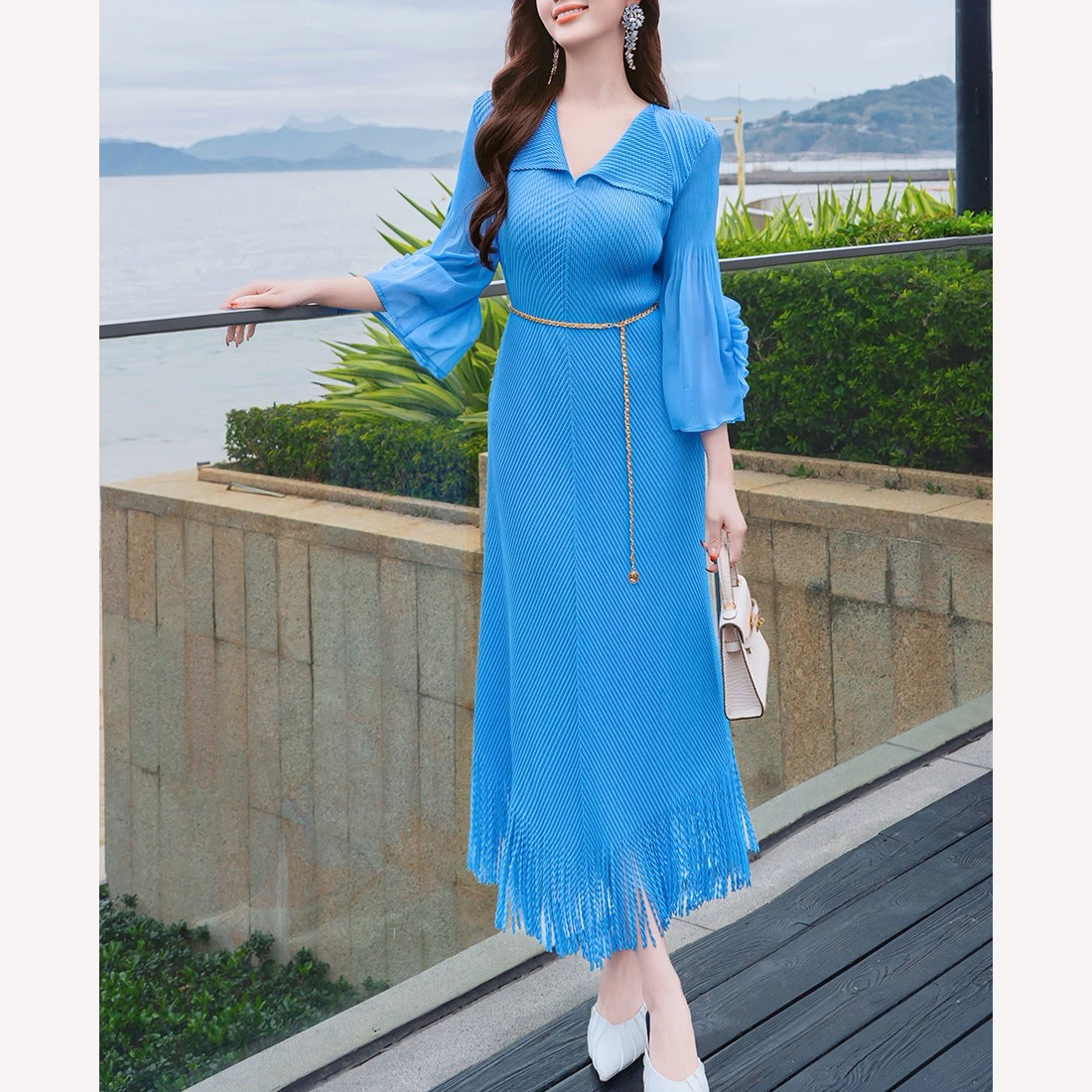 Miyake 2025 new pleated fish scale pleated dress with floral sleeves, tassel oversized women's clothing, elegant foreign trade, cross-border Miyake 2025 new pleated fish scale pleated dress with floral sleeves, tassel oversized women's clothing, elegant foreign trade, cross-border