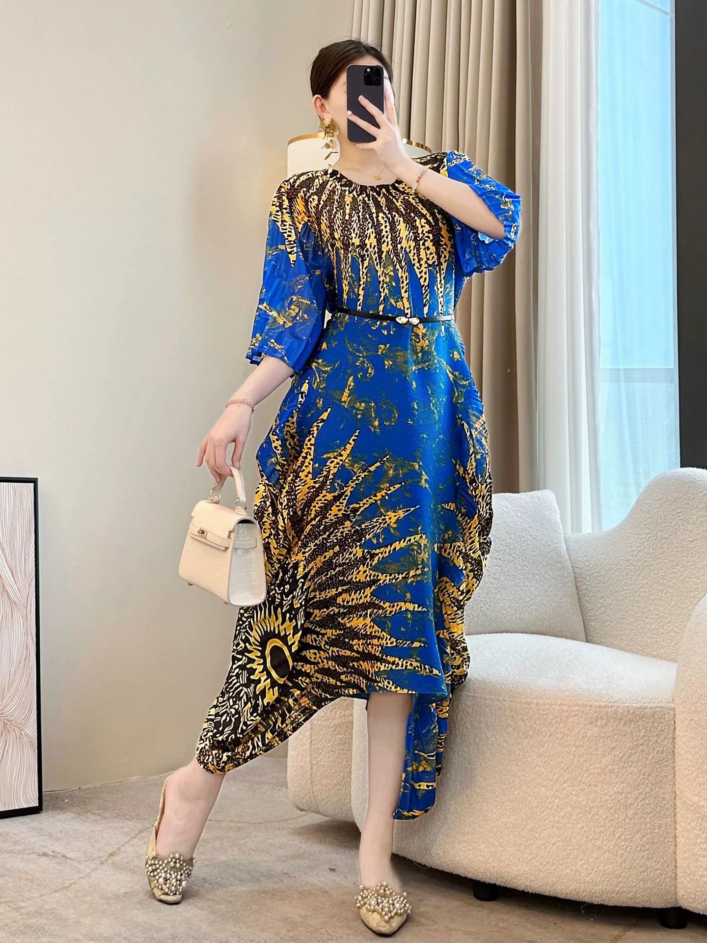 Miyake luxury, irregular ruffle edge design, pleated printed dress, beach vacation, plus size, loose fit for women Miyake luxury, irregular ruffle edge design, pleated printed dress, beach vacation, plus size, loose fit for women