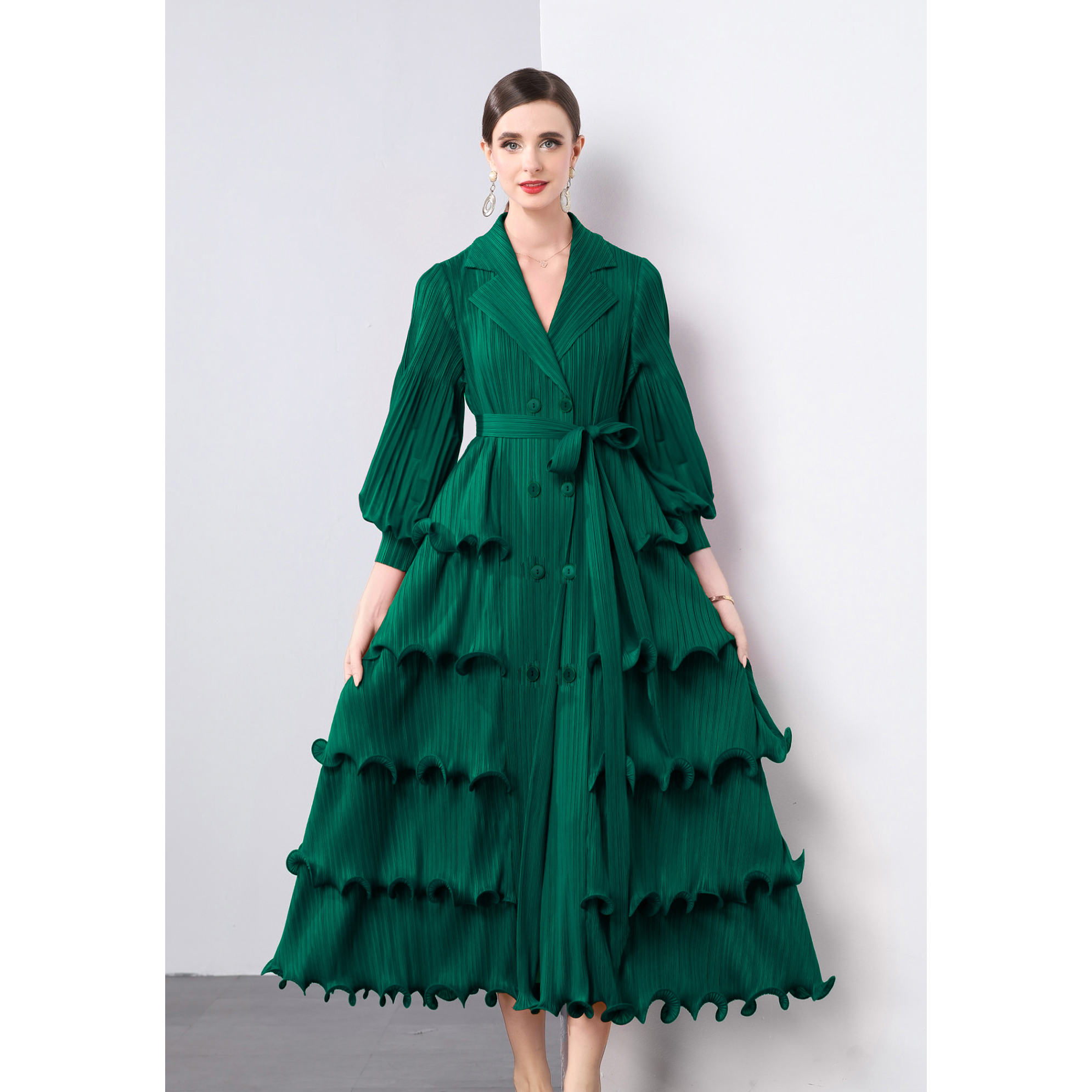 Miyake suit collar cardigan dress, black fungus edge pleated cake skirt, heavy-duty lantern sleeves, plus size mm, cross-border women's outfit Miyake suit collar cardigan dress, black fungus edge pleated cake skirt, heavy-duty lantern sleeves, plus size mm, cross-border women's outfit