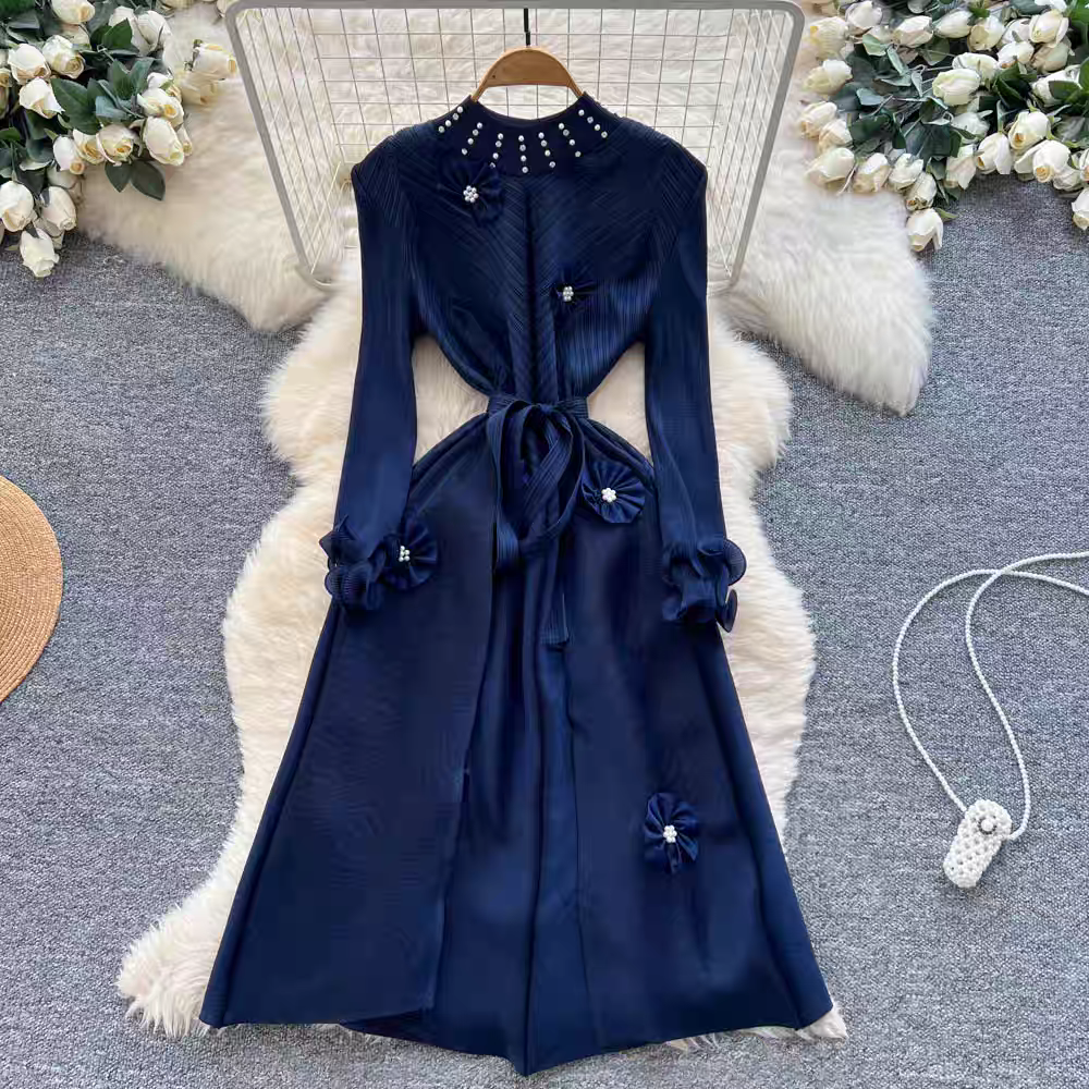 Light mature imperial sister, European and American three house cross-border nail bead three-dimensional flower tie, waist cinching, fungus edge heavy pleated dress Light mature imperial sister, European and American three house cross-border nail bead three-dimensional flower tie, waist cinching, fungus edge heavy pleated dress