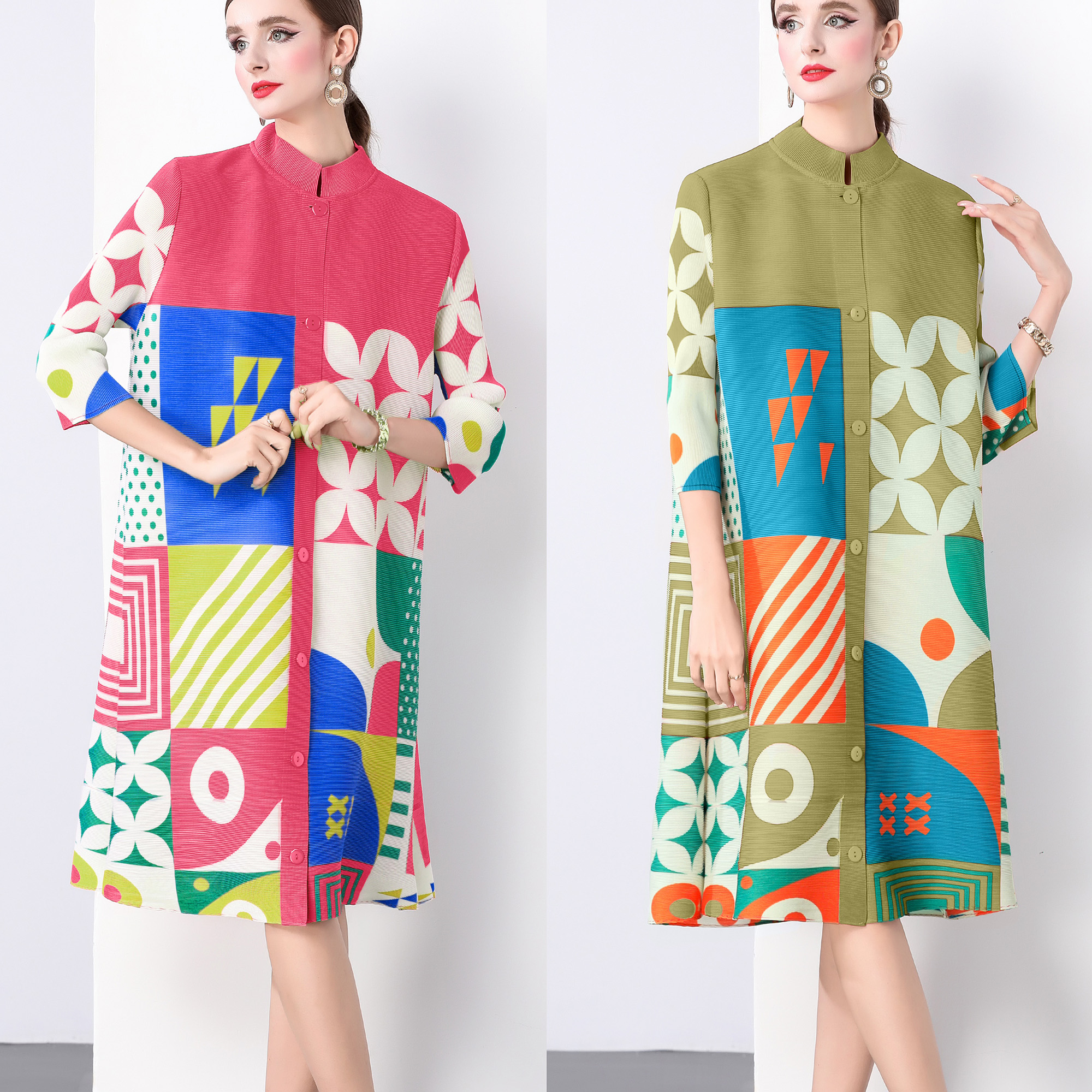 Sanzhai Spring and Autumn Mid length Loose Printed Slimming and Age Reducing Large Size MM Stand up Collar Folded Nine Inch Sleeve Dress