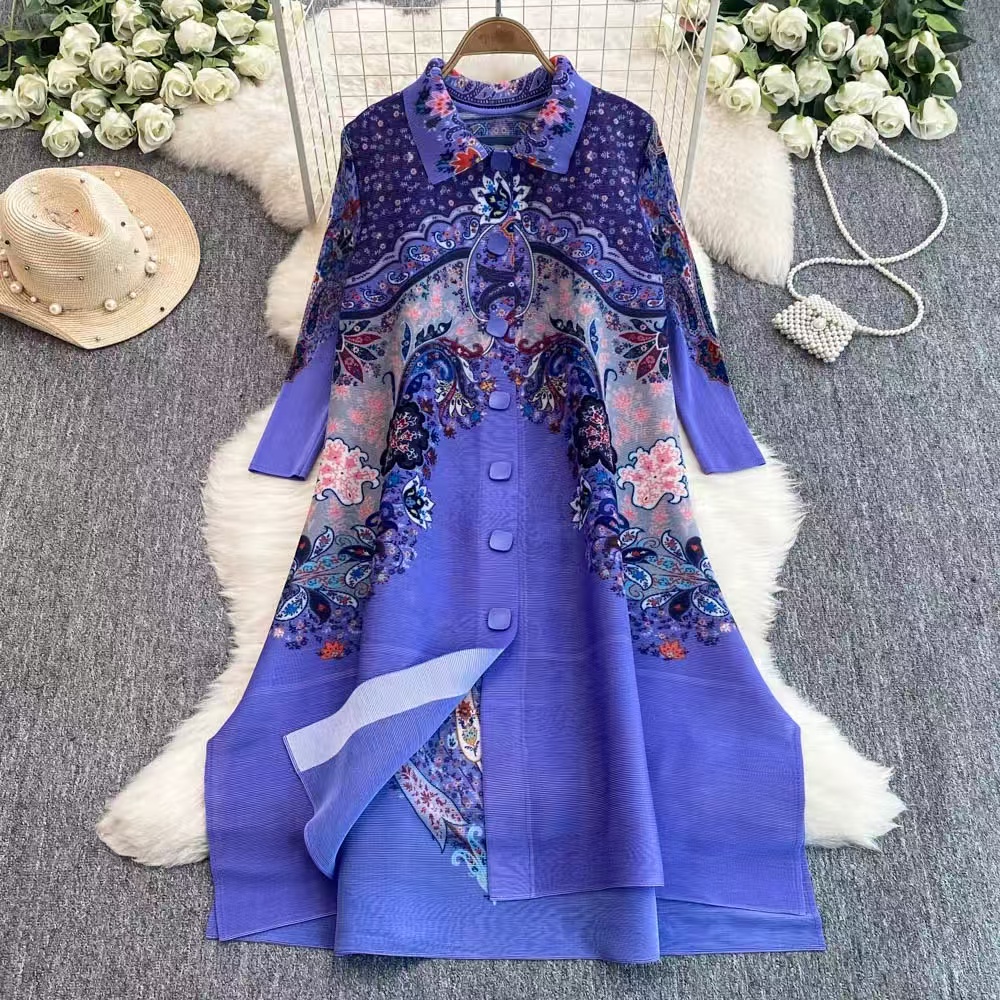 Sanzhai Spring and Autumn Mid length Loose Printed Slimming and Age Reducing Large Size MM Dress with Collar Fold and Nine Cent Sleeve Sanzhai Spring and Autumn Mid length Loose Printed Slimming and Age Reducing Large Size MM Dress with Collar Fold and Nine Cent Sleeve