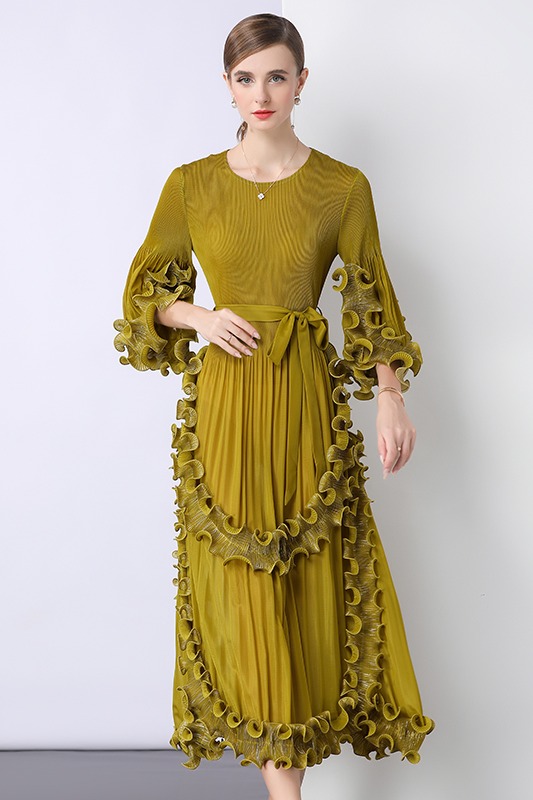 European and American court style hot stamping three bedroom dress with pleated fungus edges, high-end heavy industry cross-border loose waist dress European and American court style hot stamping three bedroom dress with pleated fungus edges, high-end heavy industry cross-border loose waist dress