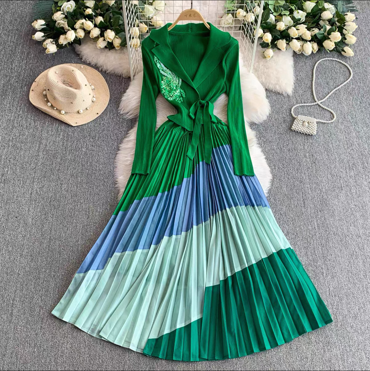 Miyake Cross border Design with Fold Fake Two piece sequin 3D Decoration Loose pleated Skirt Long Sleeve High Waist Dress Miyake Cross border Design with Fold Fake Two piece sequin 3D Decoration Loose pleated Skirt Long Sleeve High Waist Dress