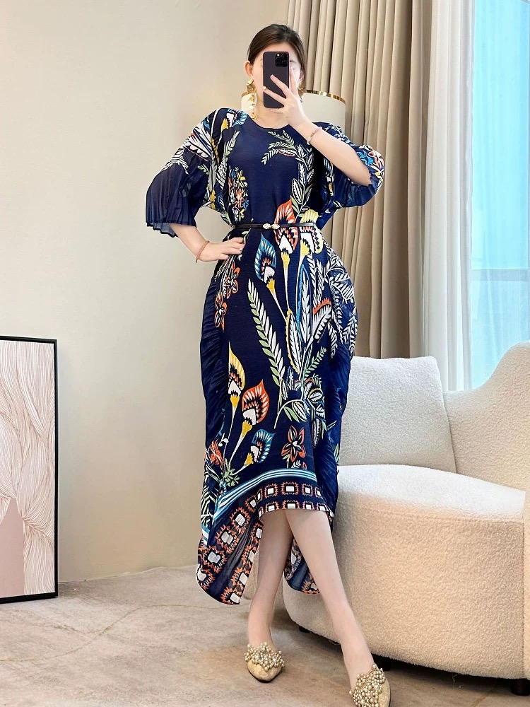 Miyake luxury, irregular ruffle edge design, pleated printed dress, beach vacation, plus size, loose fit for women Miyake luxury, irregular ruffle edge design, pleated printed dress, beach vacation, plus size, loose fit for women