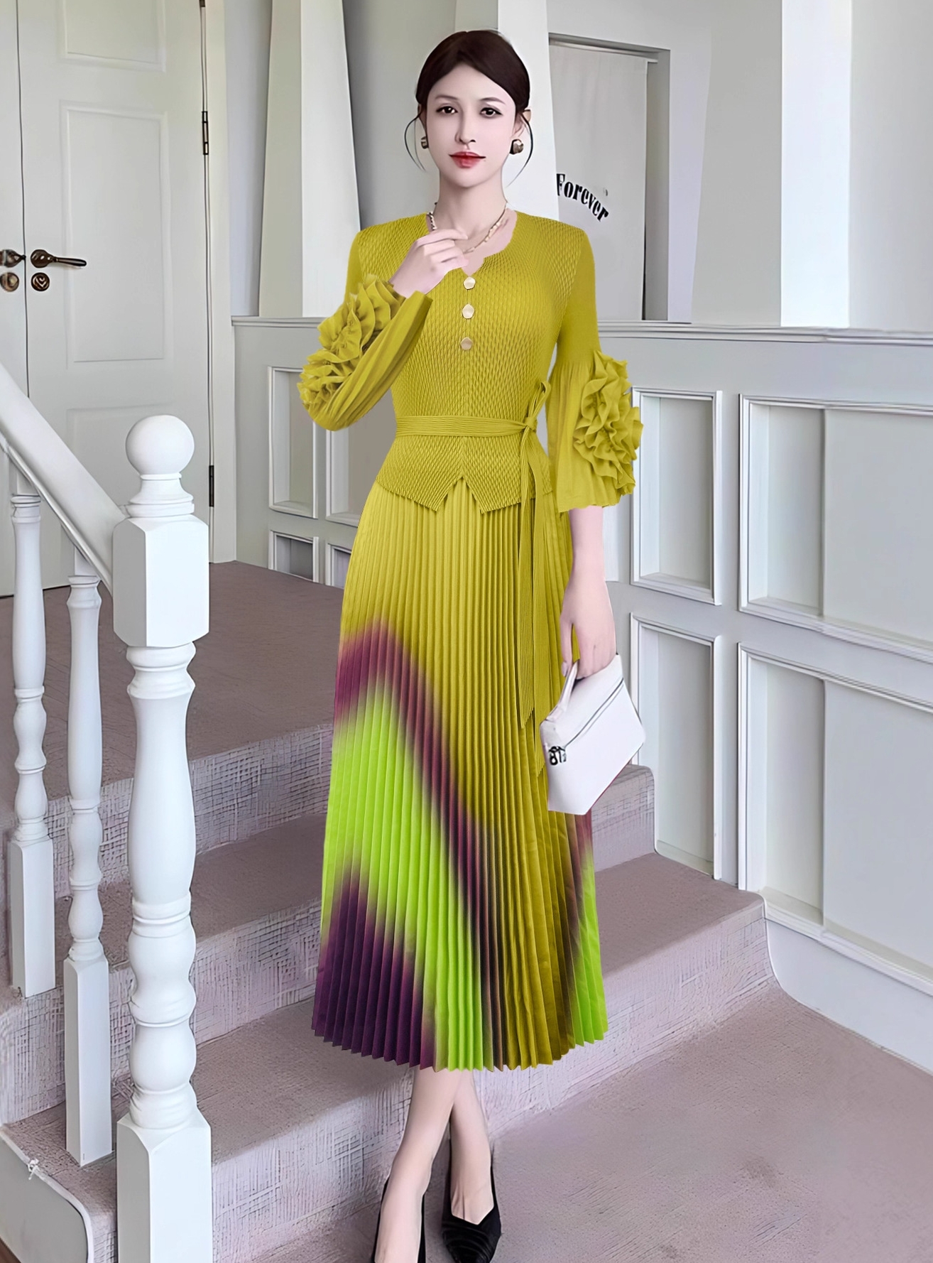 European and American cross-border three bedroom fashionable plate flower trumpet sleeve long sleeved tie waist gradient color pleated hundred fold elegant long skirt