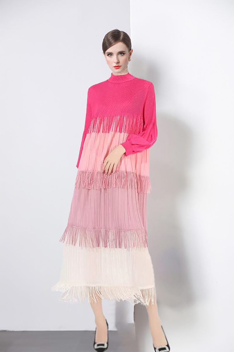 Miyake Europe and America Cross border Color blocked Heavy Industry Large Sized Tassel Splicing Wrinkle Dress Design Feel Loose New High End Customization Miyake Europe and America Cross border Color blocked Heavy Industry Large Sized Tassel Splicing Wrinkle Dress Design Feel Loose New High End Customization