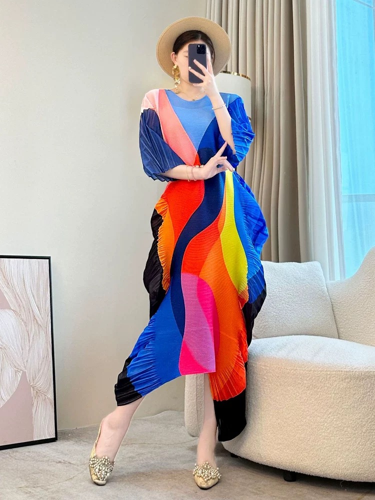 Miyake luxury, irregular ruffle edge design, pleated printed dress, beach vacation, plus size, loose fit for women Miyake luxury, irregular ruffle edge design, pleated printed dress, beach vacation, plus size, loose fit for women