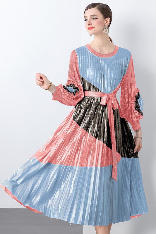 Miyake 2025 Cross border High end Hot Stamped Lantern Sleeve Folded Dress with Strap up 3D Decorative Flower Fairy Style Skirt Miyake 2025 Cross border High end Hot Stamped Lantern Sleeve Folded Dress with Strap up 3D Decorative Flower Fairy Style Skirt