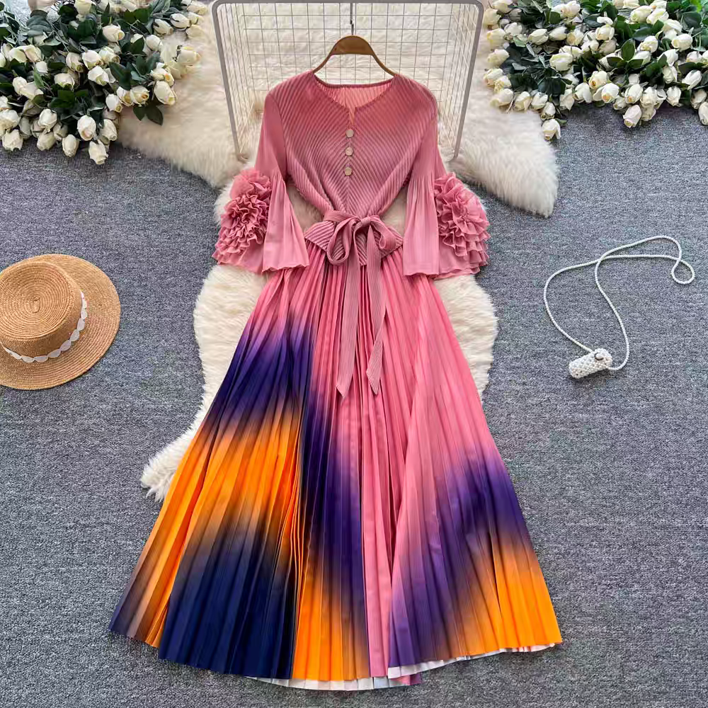 European and American cross-border three bedroom fashionable plate flower trumpet sleeve long sleeved tie waist gradient color pleated hundred fold elegant long skirt European and American cross-border three bedroom fashionable plate flower trumpet sleeve long sleeved tie waist gradient color pleated hundred fold elegant long skirt