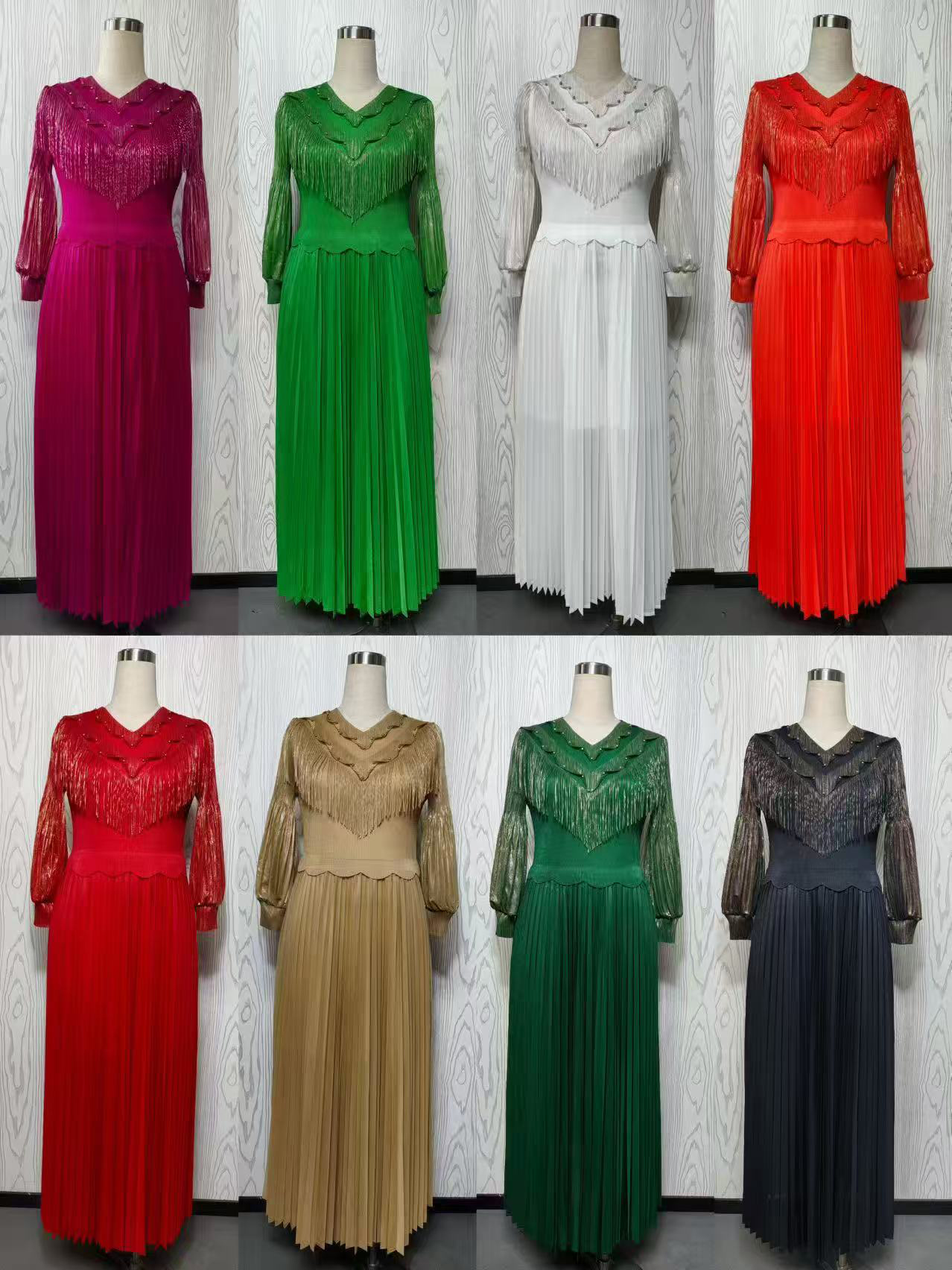 Ladies' court style bubble sleeve dress, light mature style, autumn tassel, hot stamping, pleated nail bead, large swing, women's long skirt Ladies' court style bubble sleeve dress, light mature style, autumn tassel, hot stamping, pleated nail bead, large swing, women's long skirt