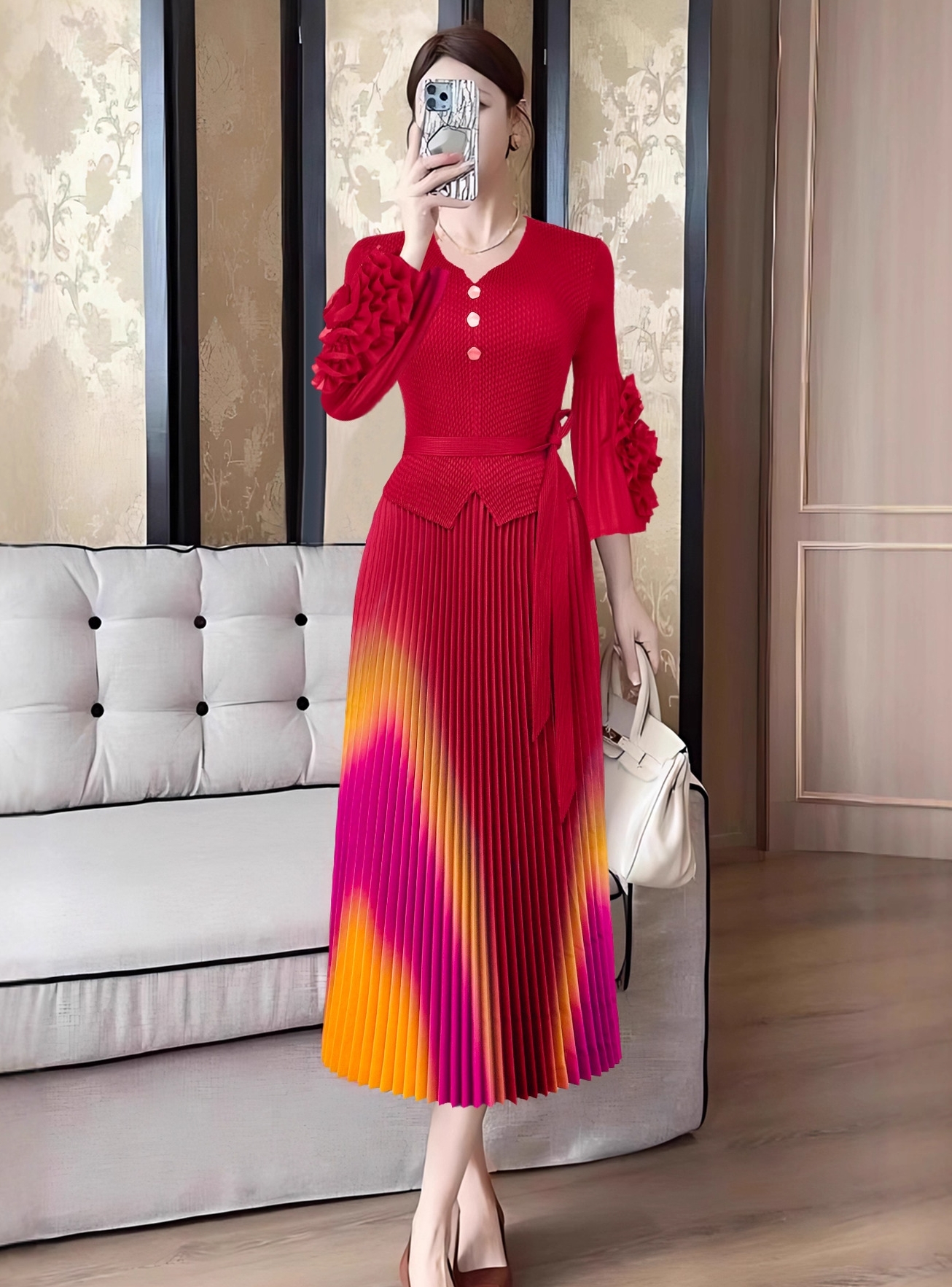 European and American cross-border three bedroom fashionable plate flower trumpet sleeve long sleeved tie waist gradient color pleated hundred fold elegant long skirt European and American cross-border three bedroom fashionable plate flower trumpet sleeve long sleeved tie waist gradient color pleated hundred fold elegant long skirt
