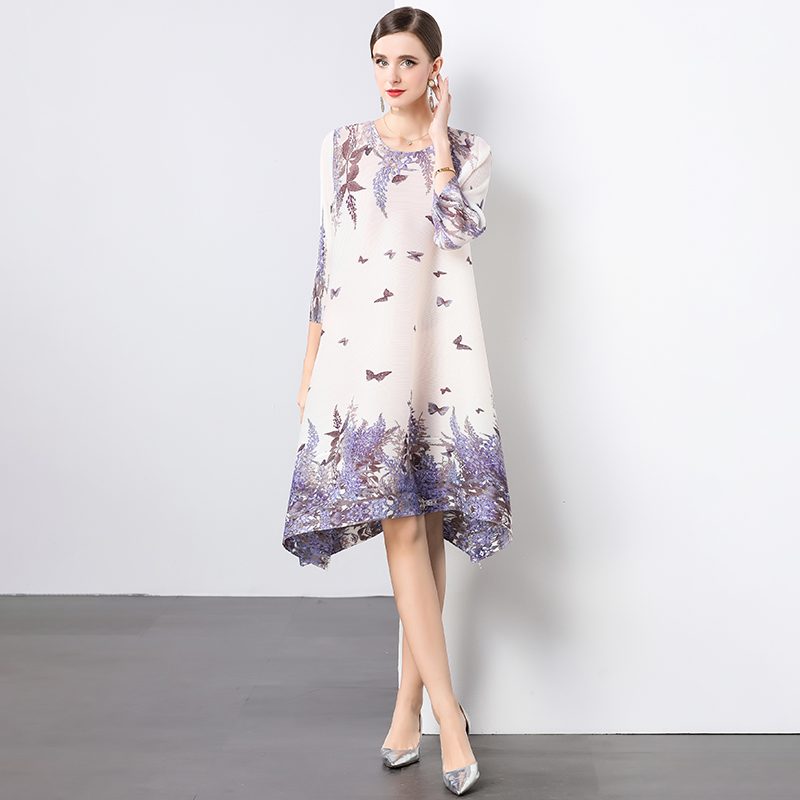 Miyake Eternal Tranquility Wisteria Flower Language MM Foreign Trade Seven Sleeve Round Neck Loose A-line Skirt Folded Dress Miyake Eternal Tranquility Wisteria Flower Language MM Foreign Trade Seven Sleeve Round Neck Loose A-line Skirt Folded Dress