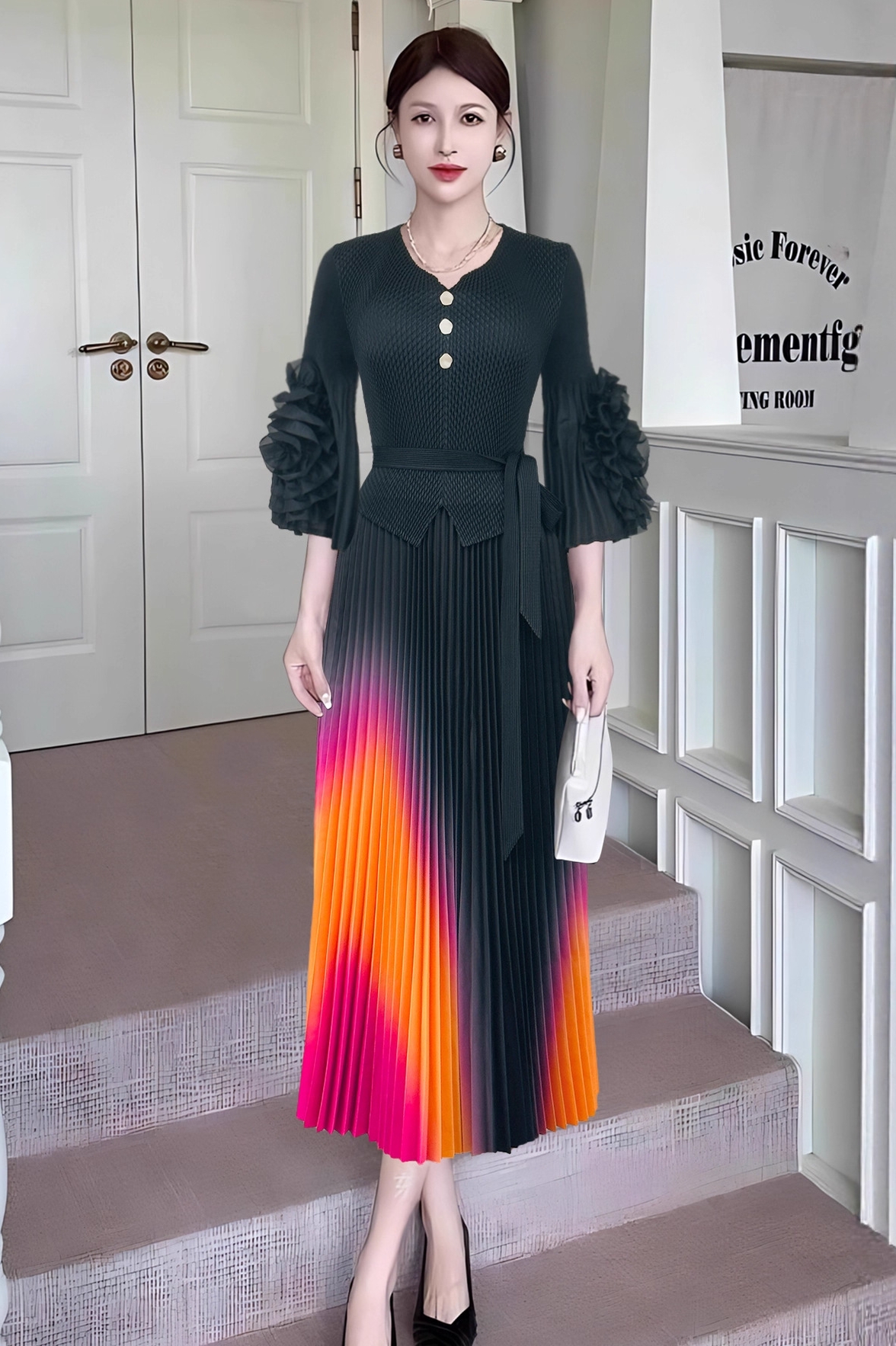 European and American cross-border three bedroom fashionable plate flower trumpet sleeve long sleeved tie waist gradient color pleated hundred fold elegant long skirt European and American cross-border three bedroom fashionable plate flower trumpet sleeve long sleeved tie waist gradient color pleated hundred fold elegant long skirt