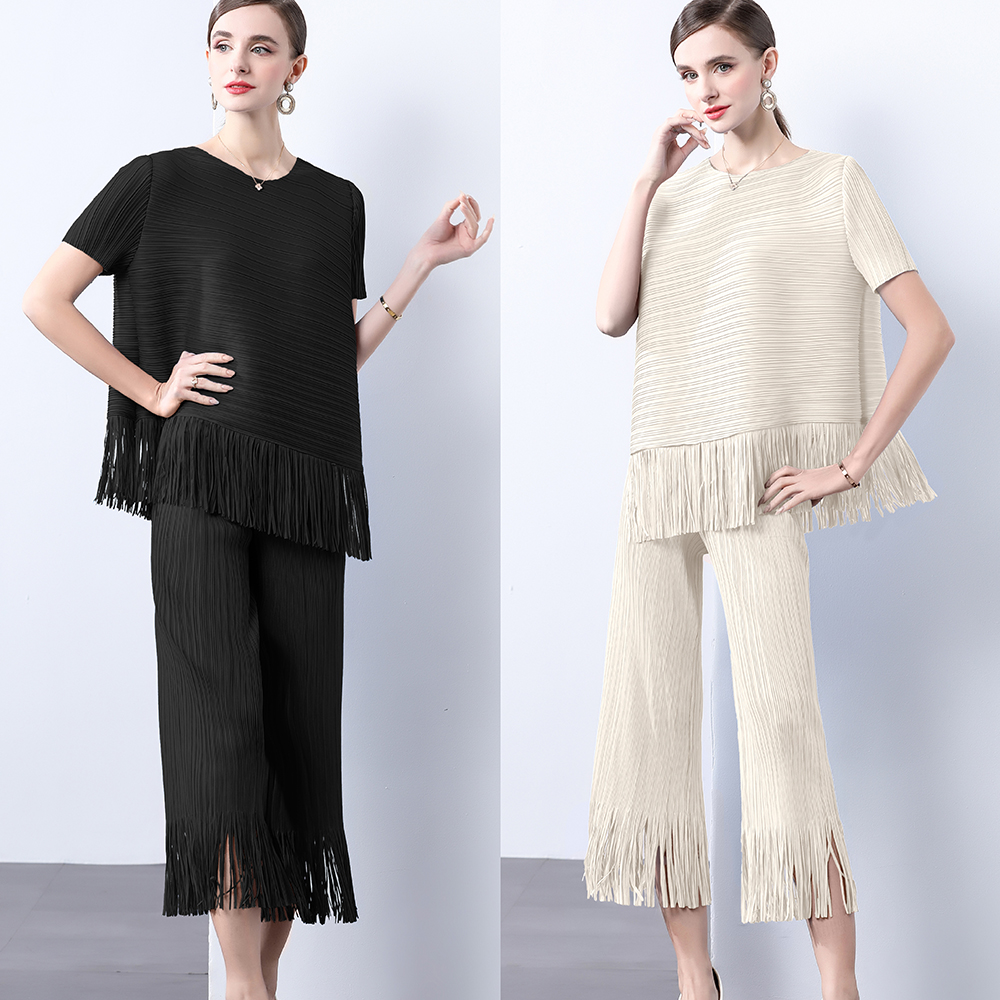 Miyake European and American style pleated fringe design, loose and irregular top, slimming and wide leg pants two-piece set for women