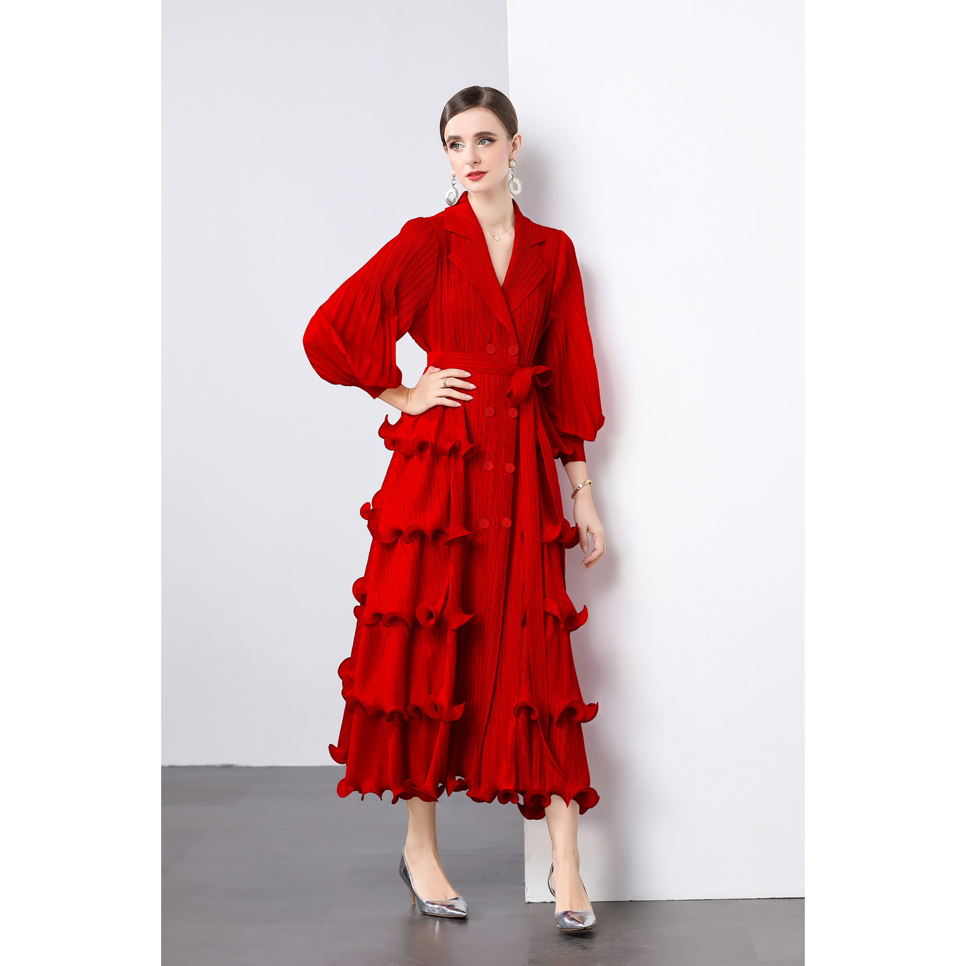 Miyake suit collar cardigan dress, black fungus edge pleated cake skirt, heavy-duty lantern sleeves, plus size mm, cross-border women's outfit Miyake suit collar cardigan dress, black fungus edge pleated cake skirt, heavy-duty lantern sleeves, plus size mm, cross-border women's outfit