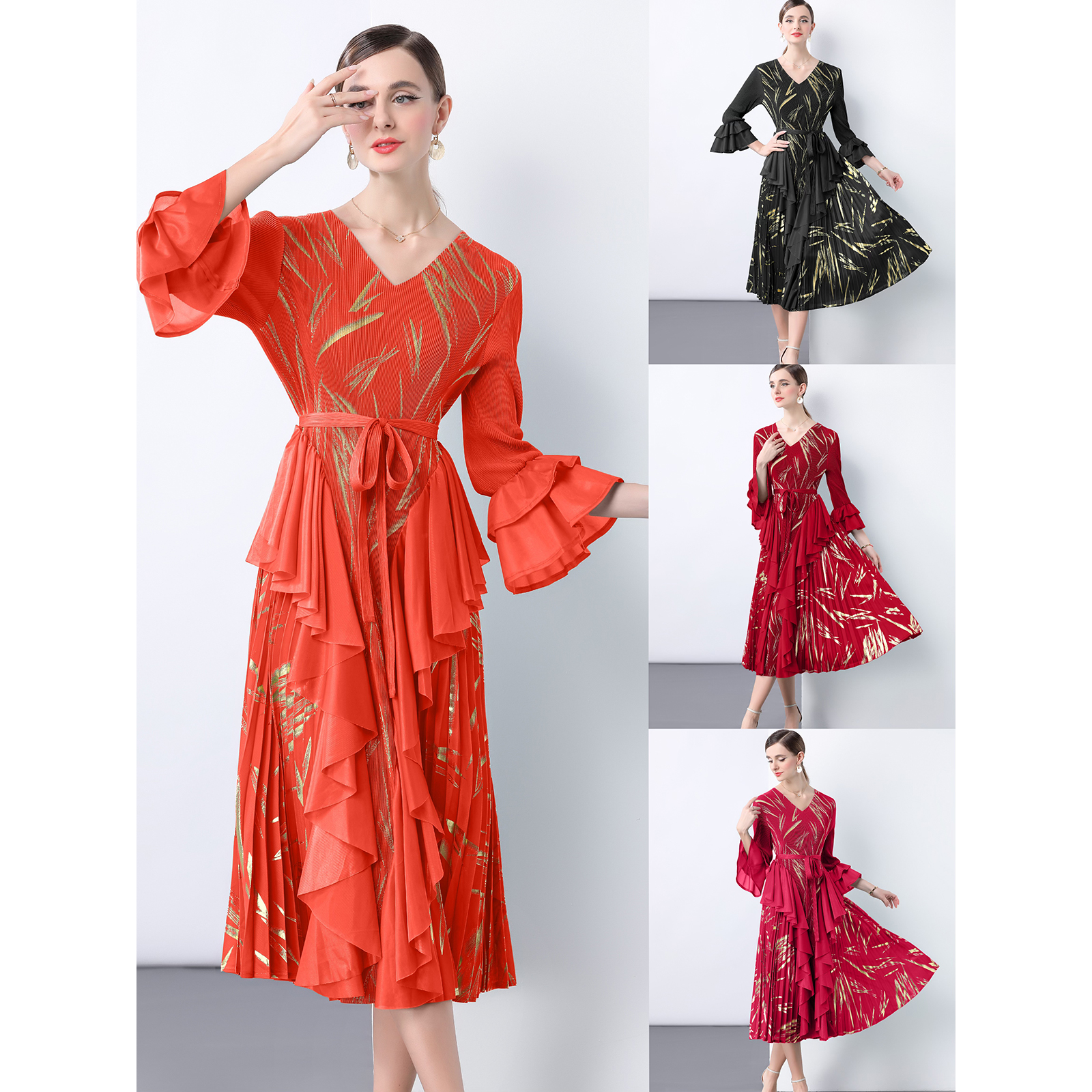 Miyake 2025 women's hot stamping lotus leaf edge heavy design sense pleated skirt pleated tie summer waist cinching cross-border long skirt