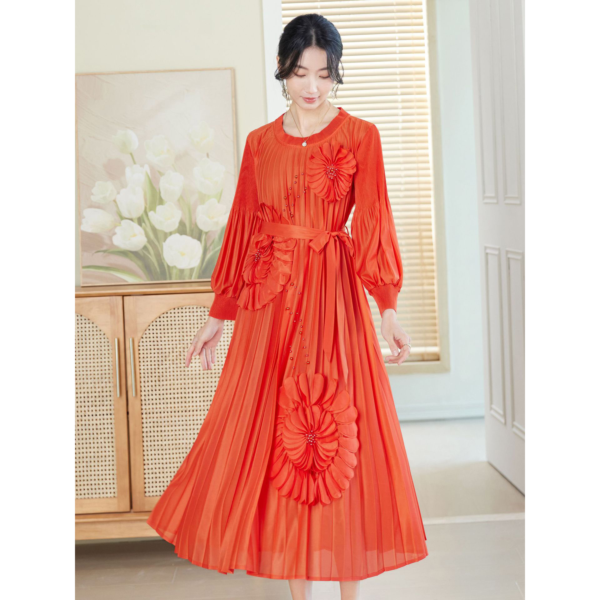 Miyake Europe and America Cross border Elegant Heavy Industry Three dimensional Flower Nail Bead Pendant Dress Loose Folded Dress for Women