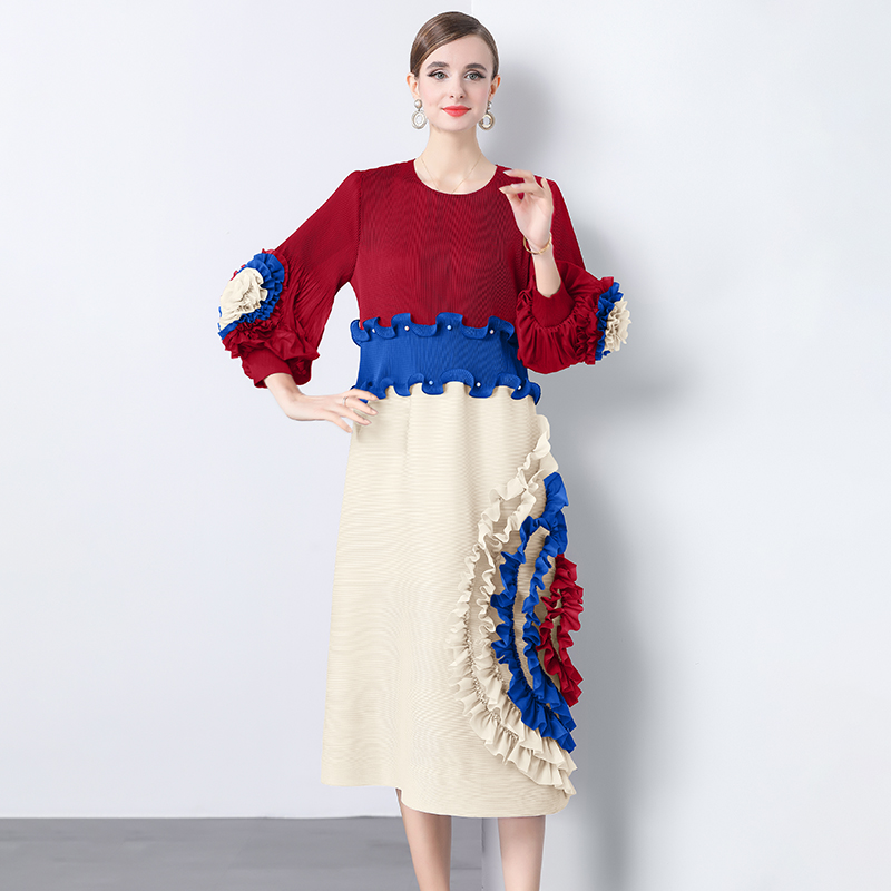 Miyake Europe and America Cross border Heavy Industry Nail Bead 3D Flower Plate Flower Loose and Skinny Folding Dress with Mushroom Edge Long Dress