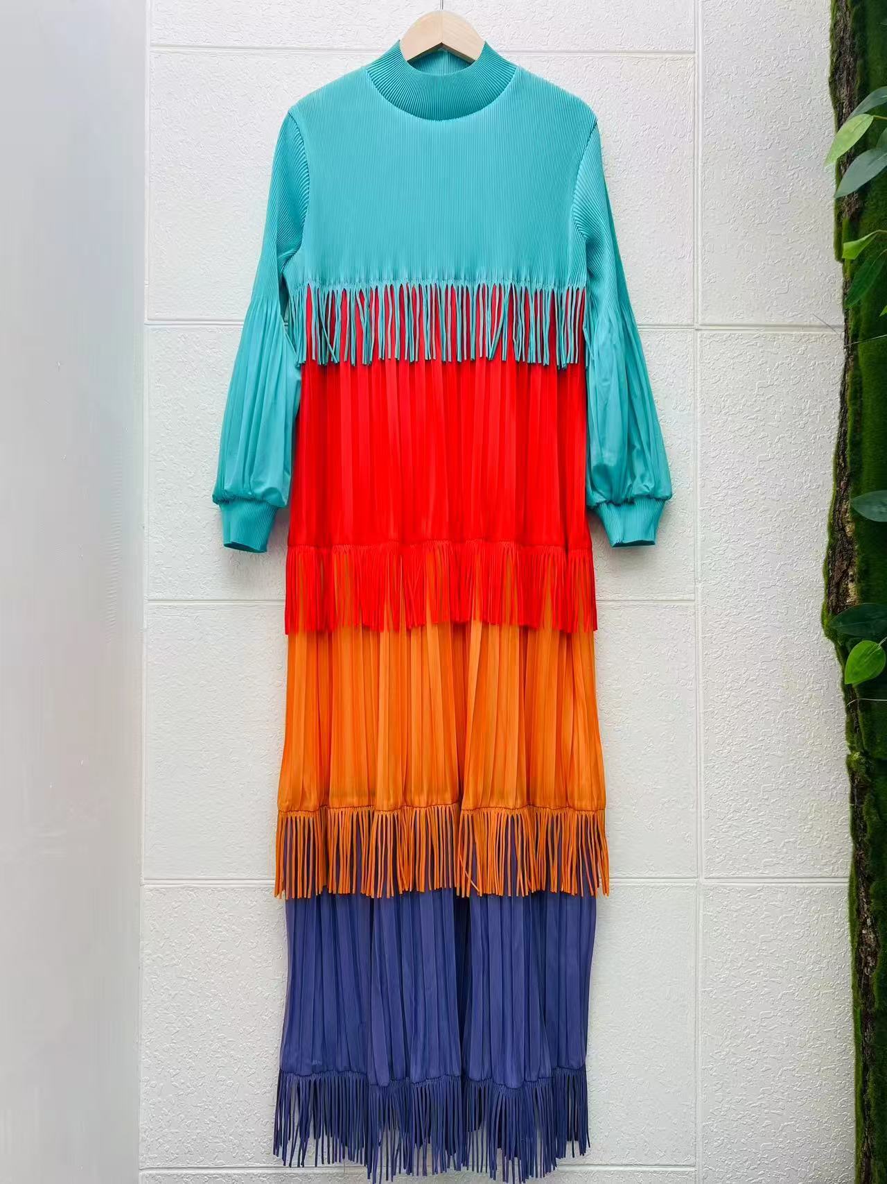 Miyake Europe and America Cross border Color blocked Heavy Industry Large Sized Tassel Splicing Wrinkle Dress Design Feel Loose New High End Customization Miyake Europe and America Cross border Color blocked Heavy Industry Large Sized Tassel Splicing Wrinkle Dress Design Feel Loose New High End Customization