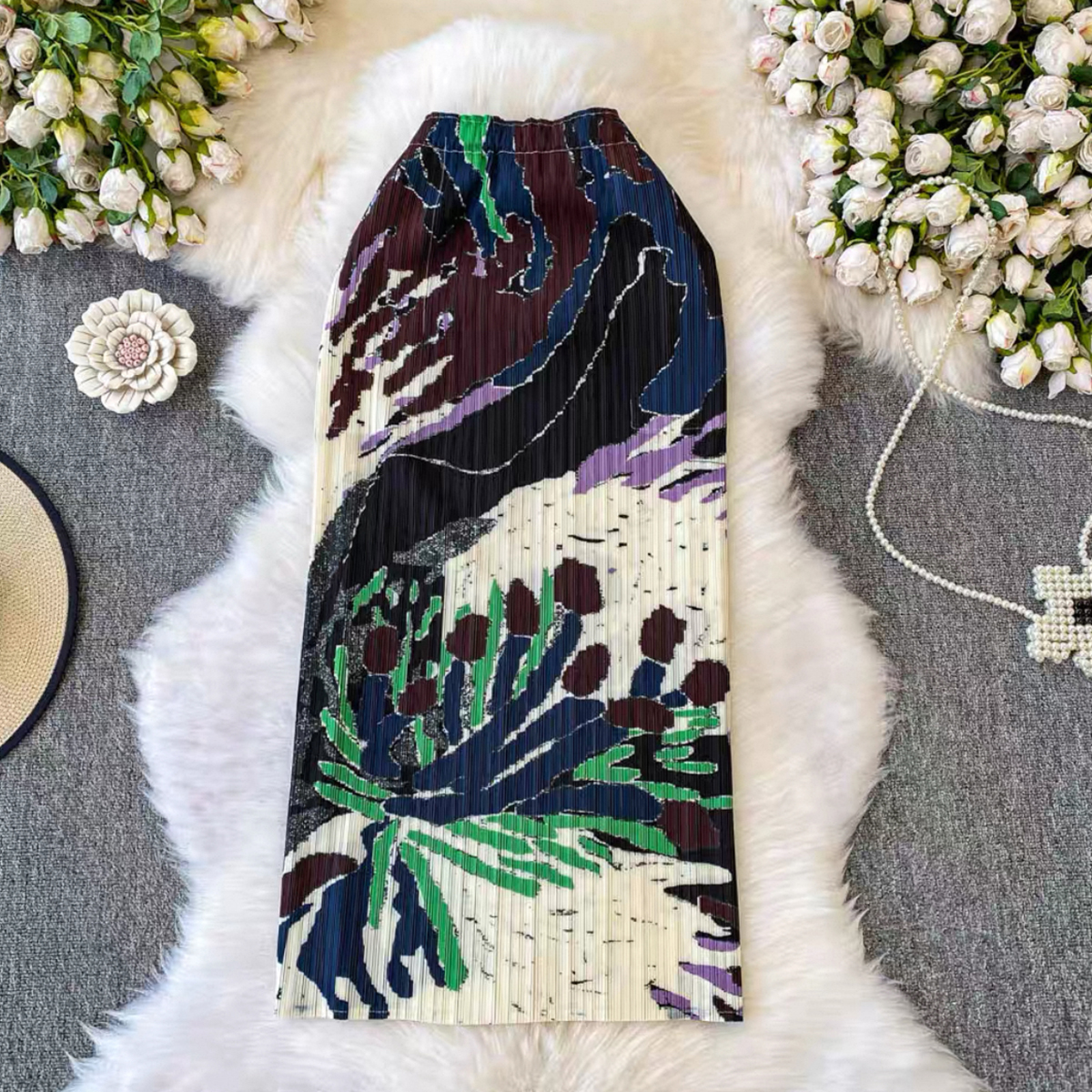 Miyake 2025 pleated printed midi skirt cross-border summer niche slimming bag hip skirt long skirt oil painting female design sense Miyake 2025 pleated printed midi skirt cross-border summer niche slimming bag hip skirt long skirt oil painting female design sense