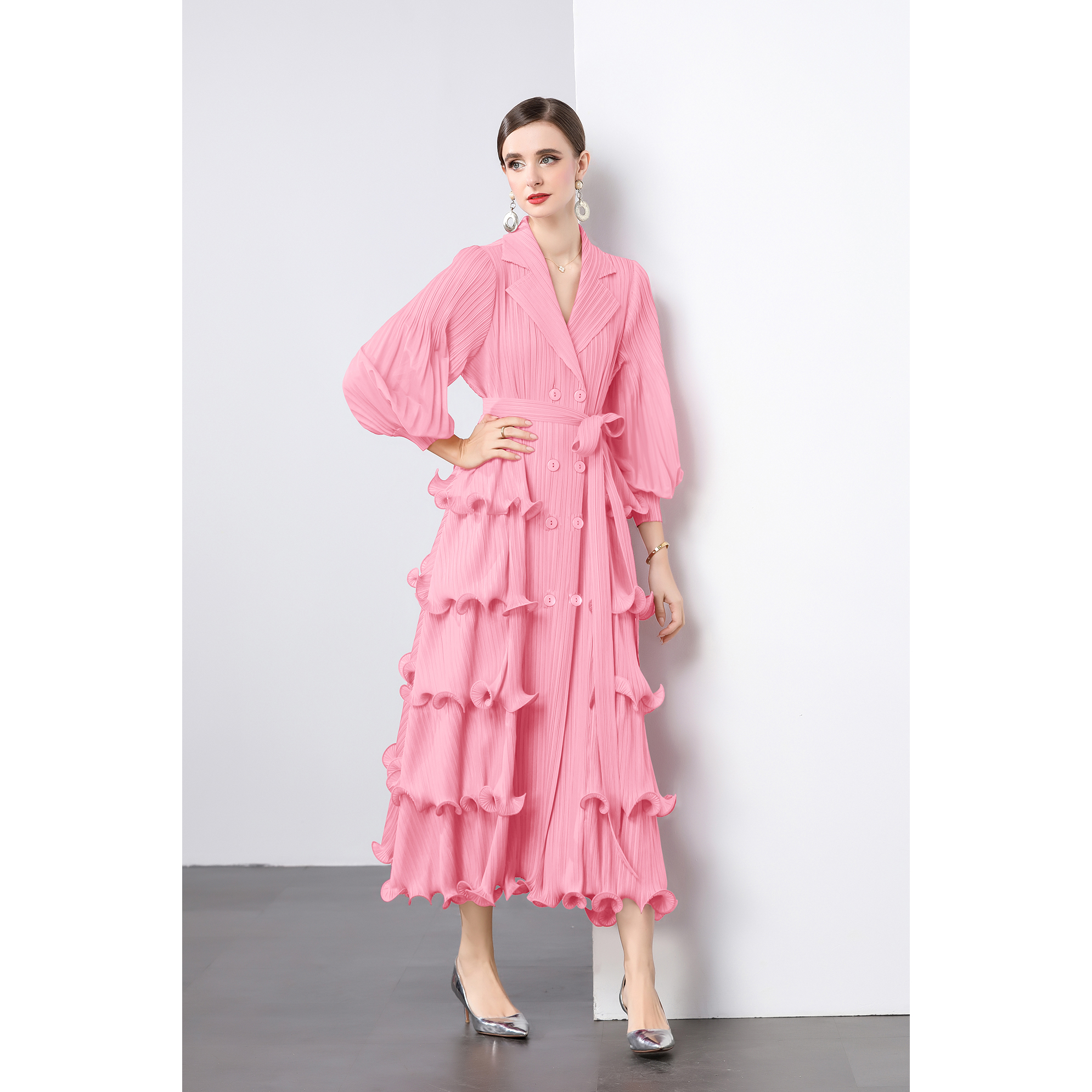 Miyake suit collar cardigan dress, black fungus edge pleated cake skirt, heavy-duty lantern sleeves, plus size mm, cross-border women's outfit Miyake suit collar cardigan dress, black fungus edge pleated cake skirt, heavy-duty lantern sleeves, plus size mm, cross-border women's outfit