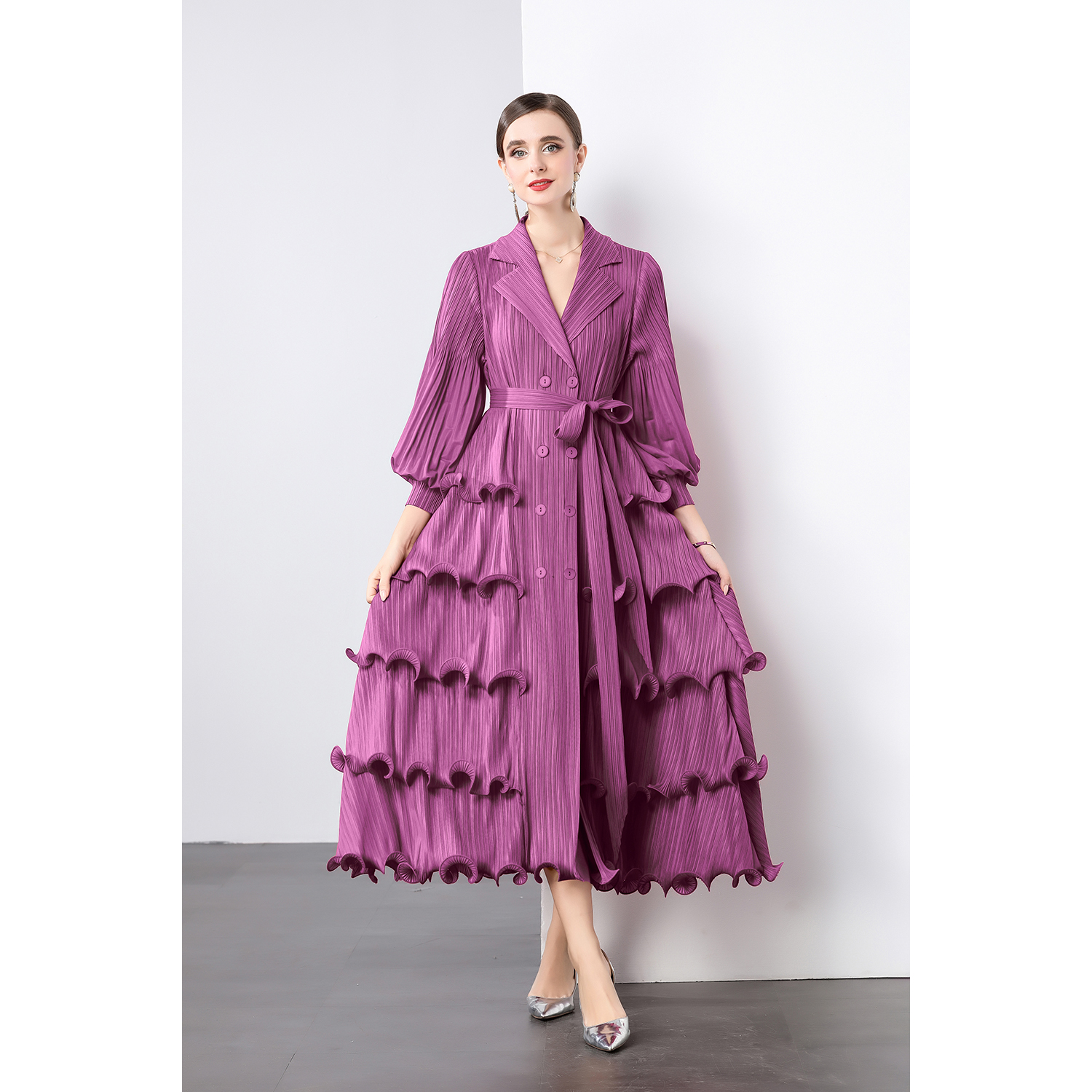 Miyake suit collar cardigan dress, black fungus edge pleated cake skirt, heavy-duty lantern sleeves, plus size mm, cross-border women's outfit Miyake suit collar cardigan dress, black fungus edge pleated cake skirt, heavy-duty lantern sleeves, plus size mm, cross-border women's outfit
