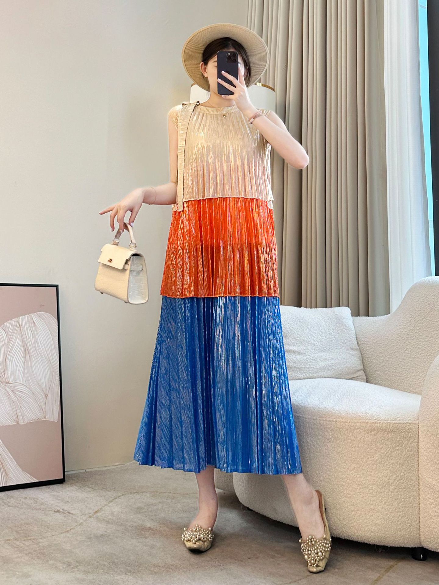 Miyake Seaside Vacation Skirt with Wrinkle Style, Loose and Slimming Tank Top, Gold Plated 2025 Summer High end Thin Dress