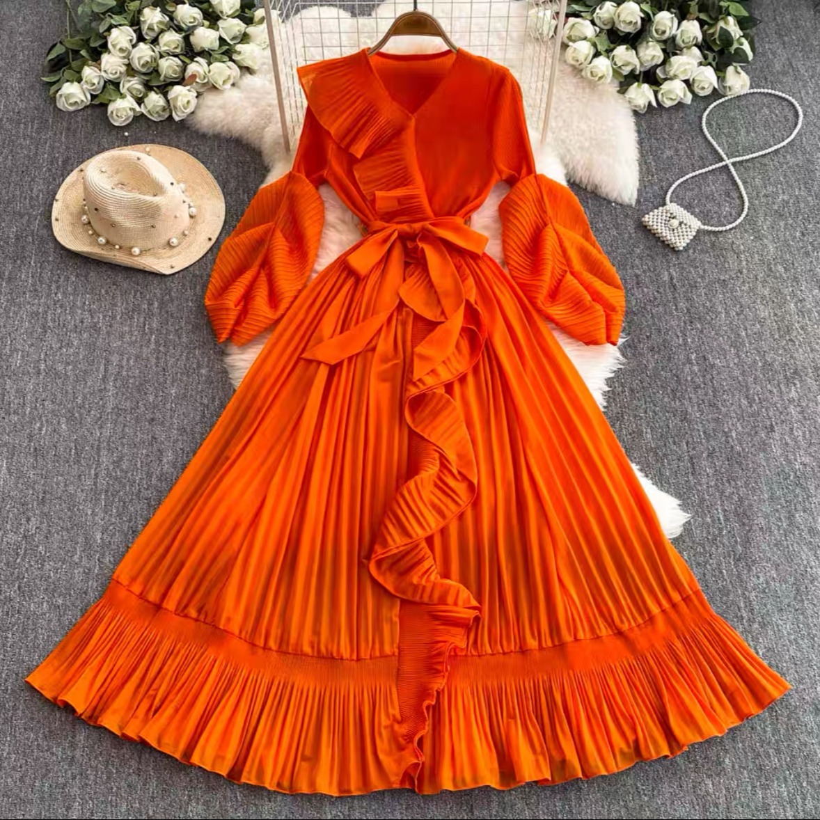 Miyake V-neck long sleeved lace up ruffle edge pleated socialite French dress with floral bud sleeves, big swing skirt, solid color dress Miyake V-neck long sleeved lace up ruffle edge pleated socialite French dress with floral bud sleeves, big swing skirt, solid color dress