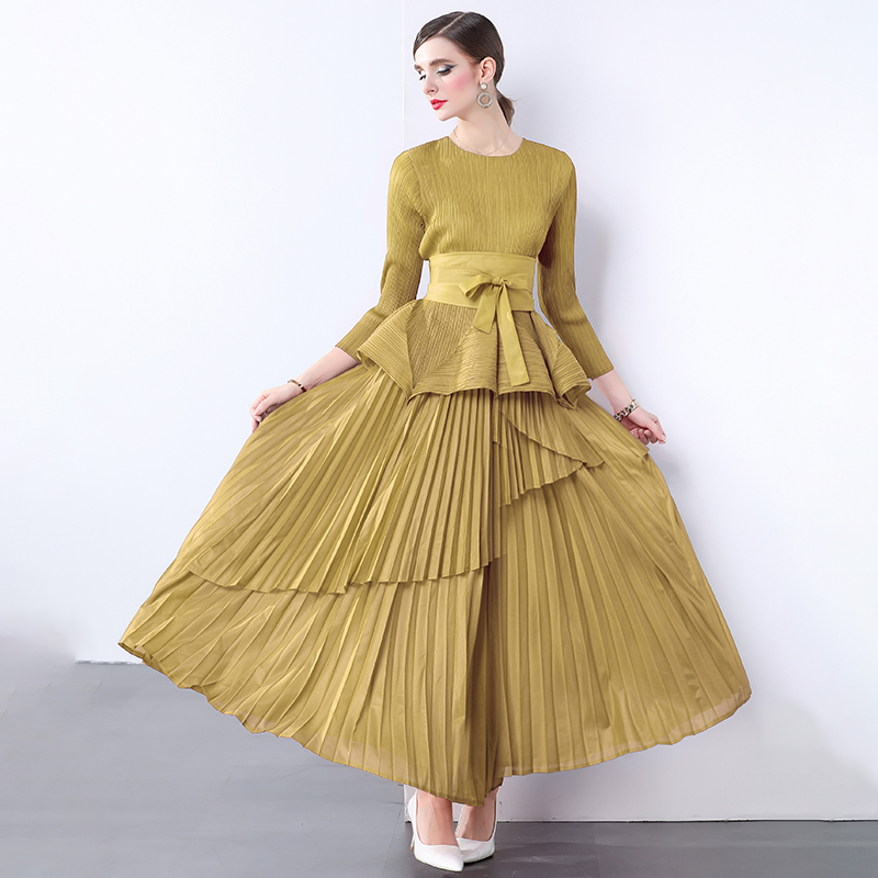 Miyake irregular lantern skirt top, long lace up pleated skirt, foreign trade European and American style pleated set with lining fabric