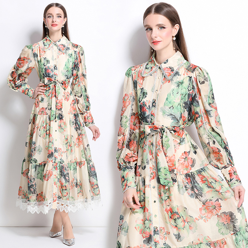 Real shot - Artistic style lace up waist cinching lapel long skirt with retro printed design, long dress