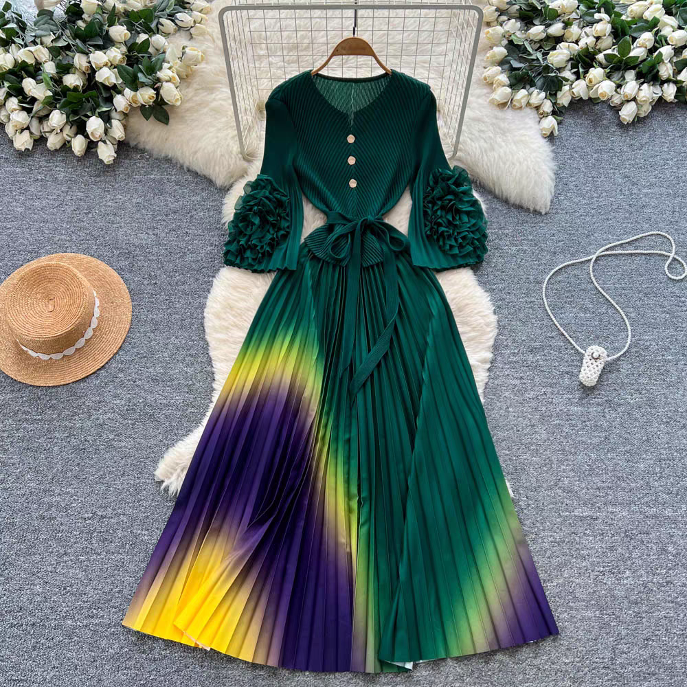 European and American cross-border three bedroom fashionable plate flower trumpet sleeve long sleeved tie waist gradient color pleated hundred fold elegant long skirt European and American cross-border three bedroom fashionable plate flower trumpet sleeve long sleeved tie waist gradient color pleated hundred fold elegant long skirt