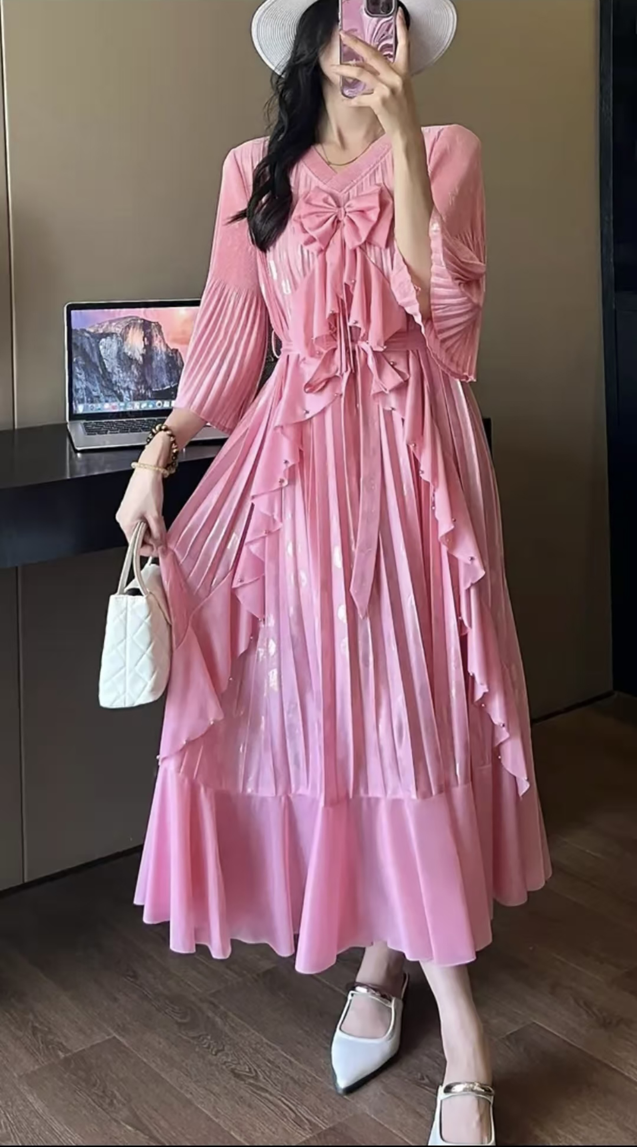 Miyake French style light luxury ruffle edge butterfly bow pleated trumpet sleeve hot stamping small fragrant style dress design feeling nail beads