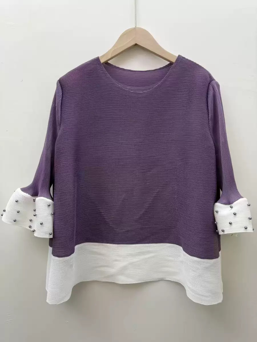 Wrinkle color blocked nail bead top, fashionable and versatile, simple European and American loose cross-border splicing long sleeved T-shirt, autumn jacket Wrinkle color blocked nail bead top, fashionable and versatile, simple European and American loose cross-border splicing long sleeved T-shirt, autumn jacket