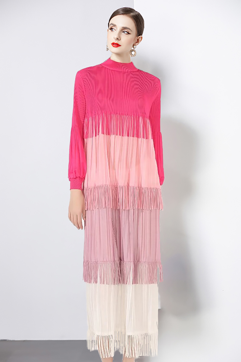 Miyake Europe and America Cross border Color blocked Heavy Industry Large Sized Tassel Splicing Wrinkle Dress Design Feel Loose New High End Customization Miyake Europe and America Cross border Color blocked Heavy Industry Large Sized Tassel Splicing Wrinkle Dress Design Feel Loose New High End Customization