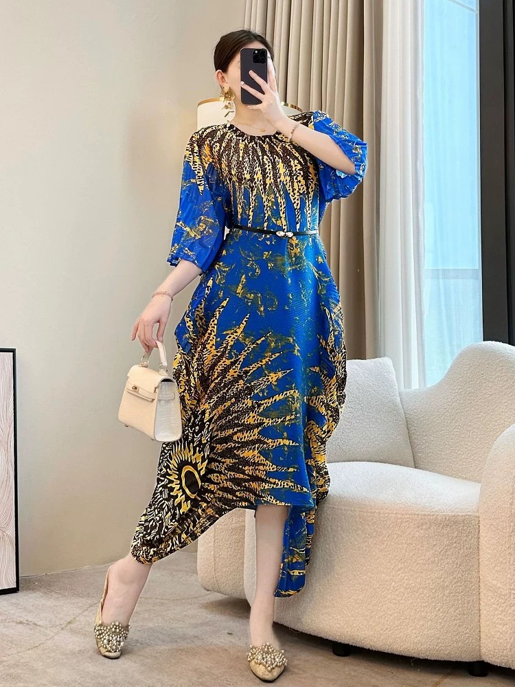 Miyake luxury, irregular ruffle edge design, pleated printed dress, beach vacation, plus size, loose fit for women