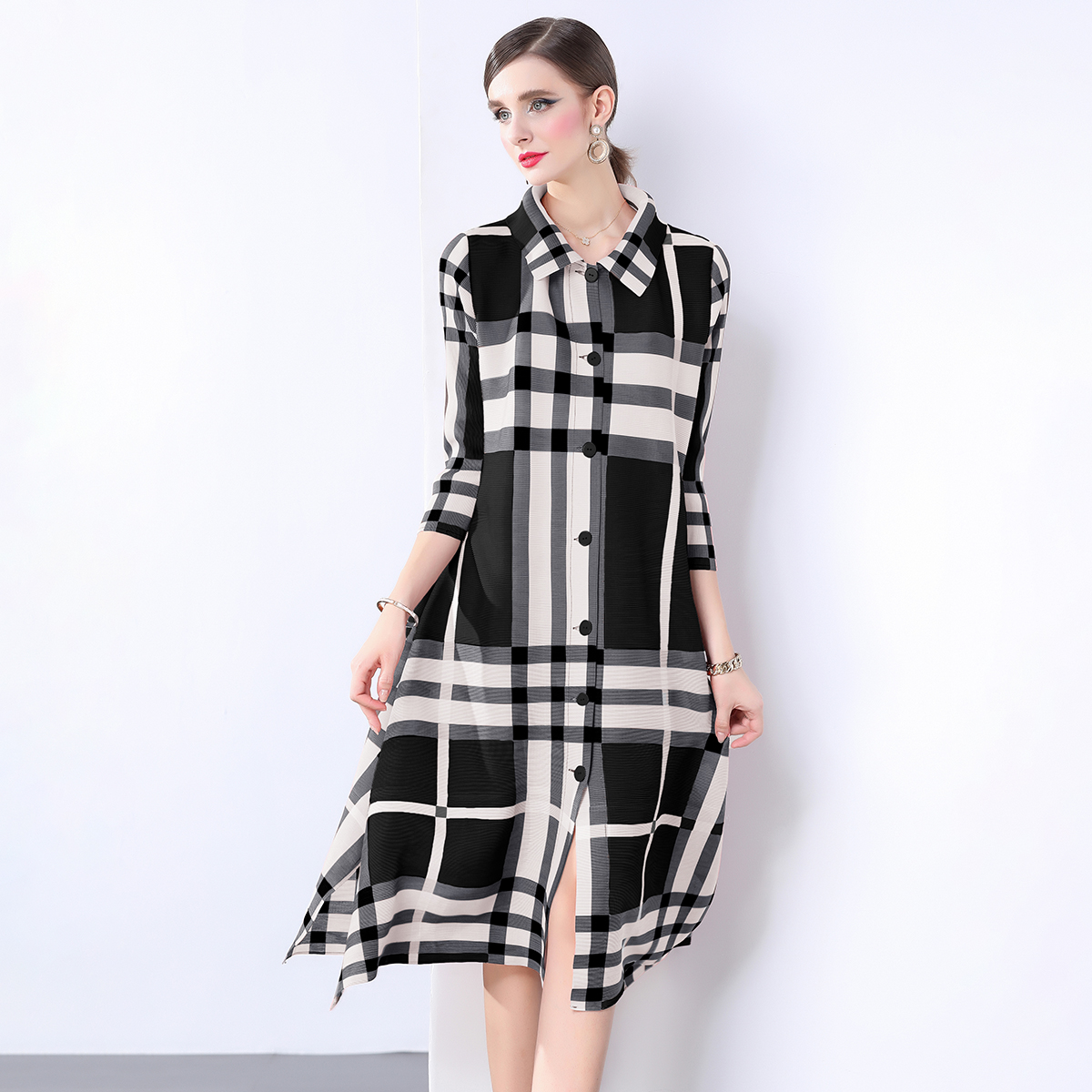 Miyake Spring and Autumn Korean version loose plus size medium long pleated shirt skirt, female design sense, niche casual shirt jacket Miyake Spring and Autumn Korean version loose plus size medium long pleated shirt skirt, female design sense, niche casual shirt jacket