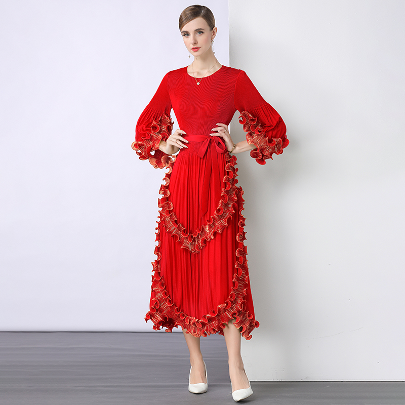 European and American court style hot stamping three bedroom dress with pleated fungus edges, high-end heavy industry cross-border loose waist dress European and American court style hot stamping three bedroom dress with pleated fungus edges, high-end heavy industry cross-border loose waist dress