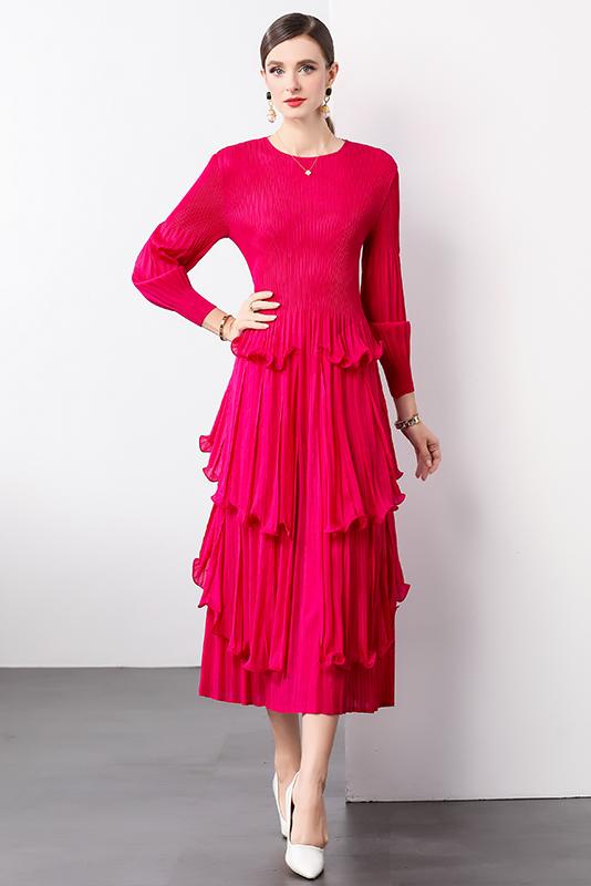 Miyake Foreign Trade Heavy Industry Mushroom Edge Design Lantern Sleeves Long Sleeves Round Neck European and American Medium length Skirt Folded Women's Dress Miyake Foreign Trade Heavy Industry Mushroom Edge Design Lantern Sleeves Long Sleeves Round Neck European and American Medium length Skirt Folded Women's Dress