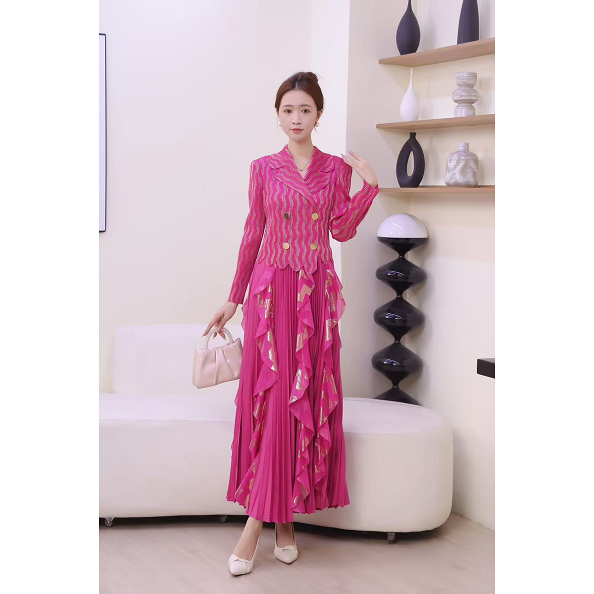 European and American cross-border three bedroom patchwork lotus leaf edge hot stamping pleated dress suit collar double breasted waist cinched long sleeved dress European and American cross-border three bedroom patchwork lotus leaf edge hot stamping pleated dress suit collar double breasted waist cinched long sleeved dress