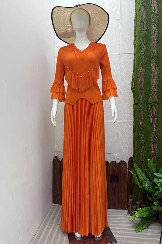 Miyake Cross border Nail Diamond Tassel Folded Set with Hundred Fold Grand Swing Long Skirt with Ruffle Sleeves Loose Top for European and American Women Miyake Cross border Nail Diamond Tassel Folded Set with Hundred Fold Grand Swing Long Skirt with Ruffle Sleeves Loose Top for European and American Women