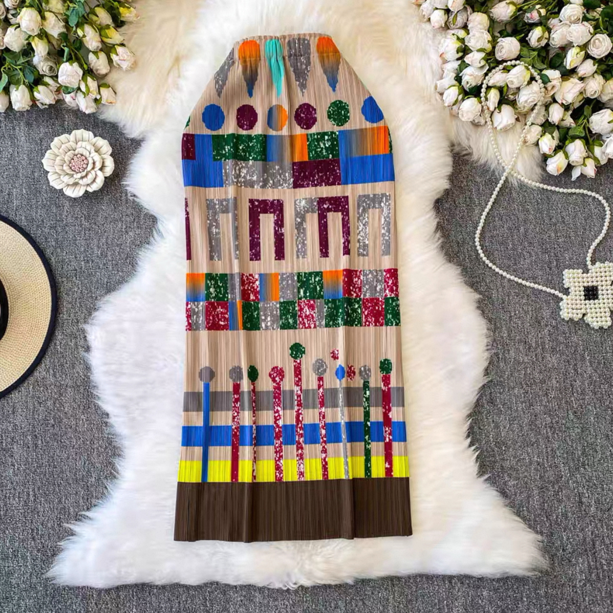 Miyake 2025 pleated printed midi skirt cross-border summer niche slimming bag hip skirt long skirt oil painting female design sense Miyake 2025 pleated printed midi skirt cross-border summer niche slimming bag hip skirt long skirt oil painting female design sense