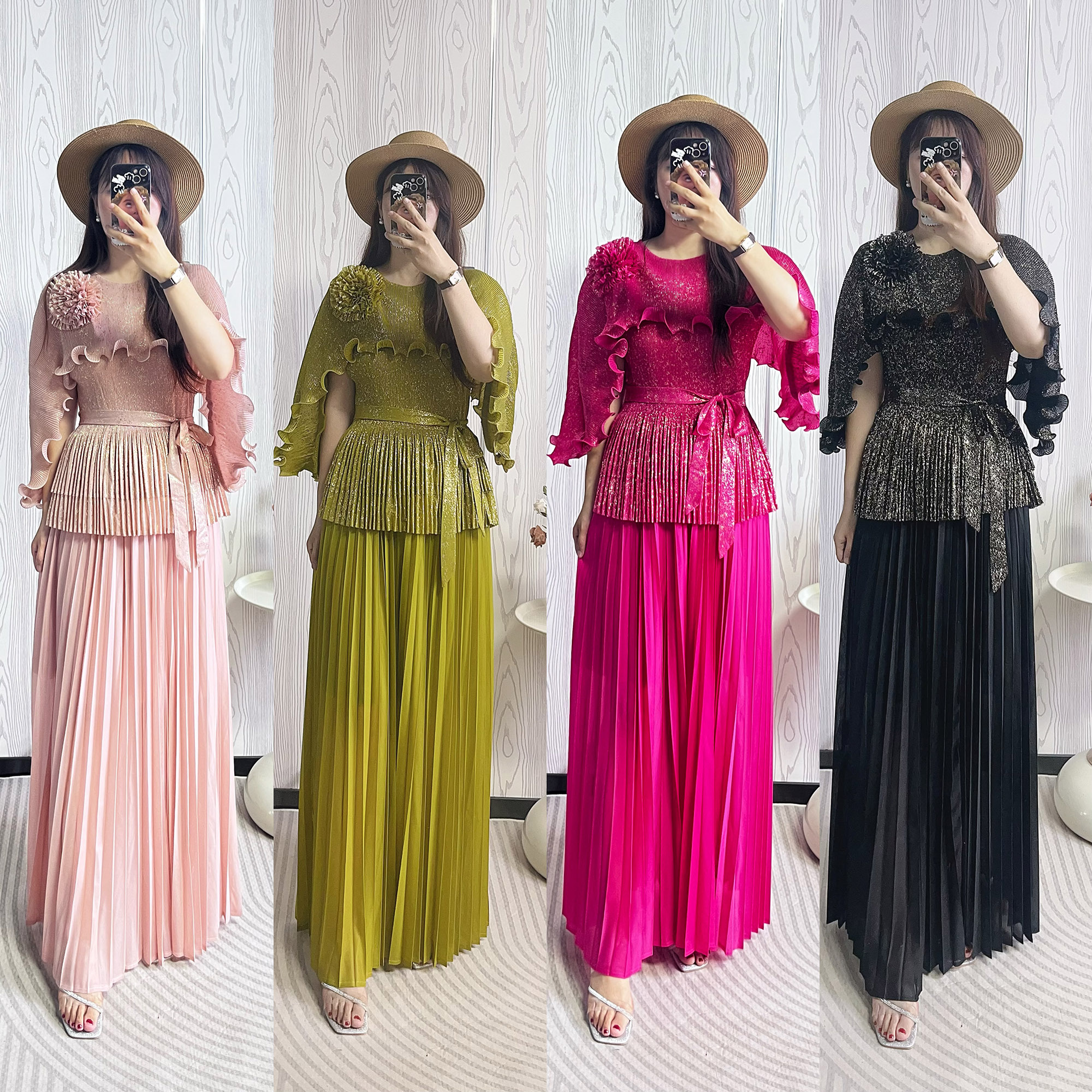 Cross border fashion three bedroom hot stamping wood ear fold set, European and American plate flower three-dimensional decoration pleated skirt women's two-piece set