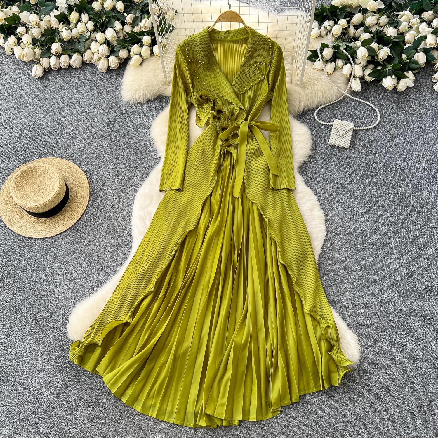 Folded autumn heavy industry nail bead lapel tie, waist cinching, irregular pleated long skirt, black fungus edge women's cross-border dress Folded autumn heavy industry nail bead lapel tie, waist cinching, irregular pleated long skirt, black fungus edge women's cross-border dress