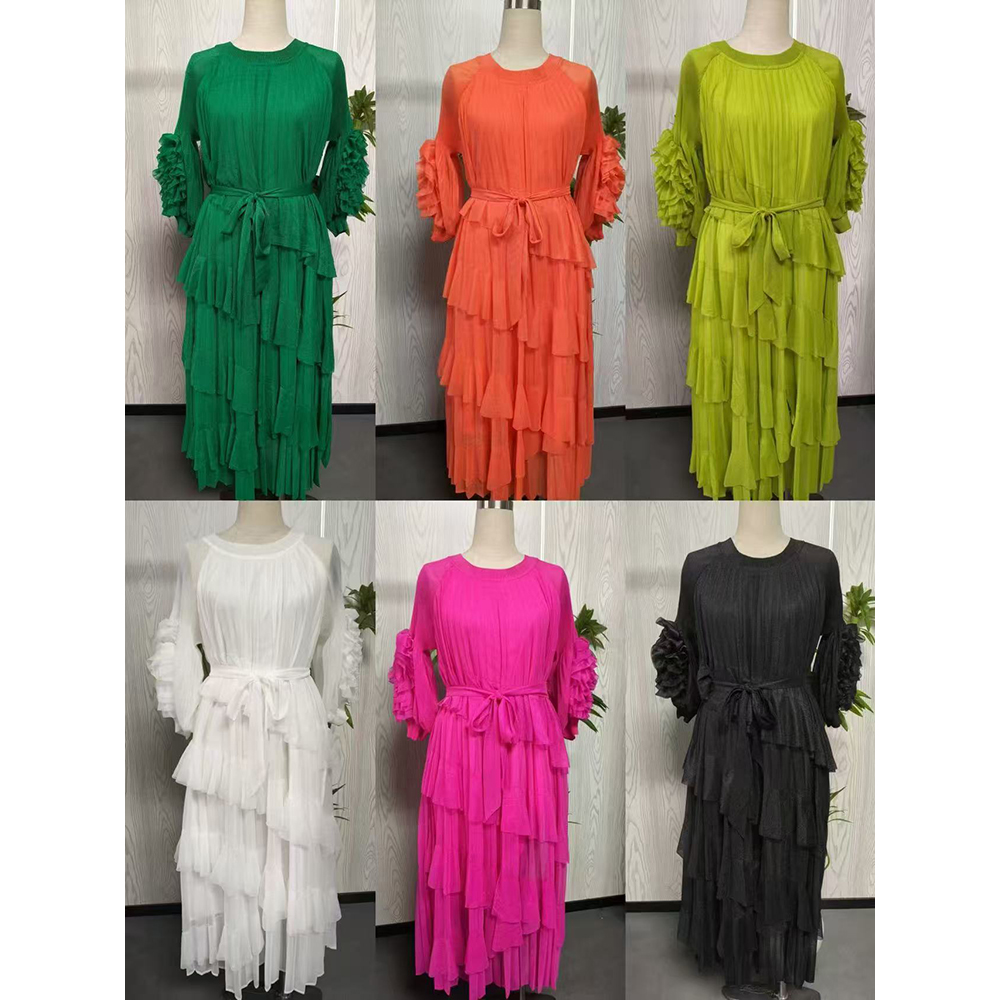 Miyake European and American retro palace style design with bubble sleeves, hand waving flower round neck, large size pleated, foreign trade cross-border women's clothing