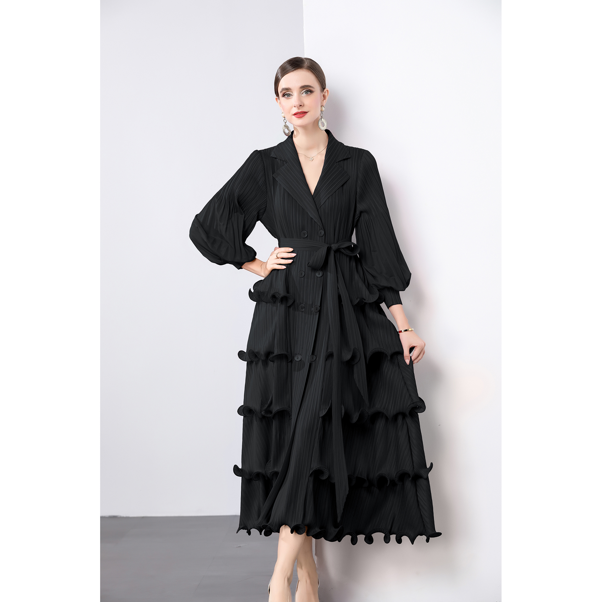 Miyake suit collar cardigan dress, black fungus edge pleated cake skirt, heavy-duty lantern sleeves, plus size mm, cross-border women's outfit Miyake suit collar cardigan dress, black fungus edge pleated cake skirt, heavy-duty lantern sleeves, plus size mm, cross-border women's outfit