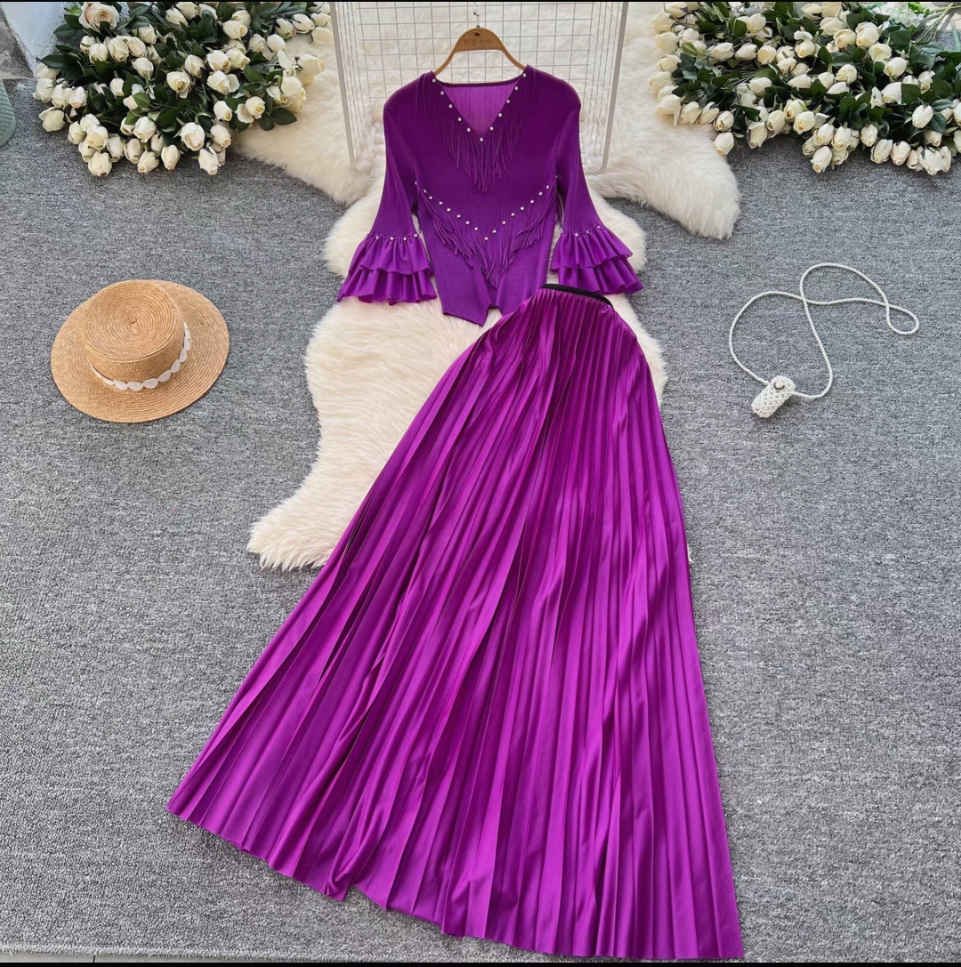 Miyake Cross border Nail Diamond Tassel Folded Set with Hundred Fold Grand Swing Long Skirt with Ruffle Sleeves Loose Top for European and American Women Miyake Cross border Nail Diamond Tassel Folded Set with Hundred Fold Grand Swing Long Skirt with Ruffle Sleeves Loose Top for European and American Women