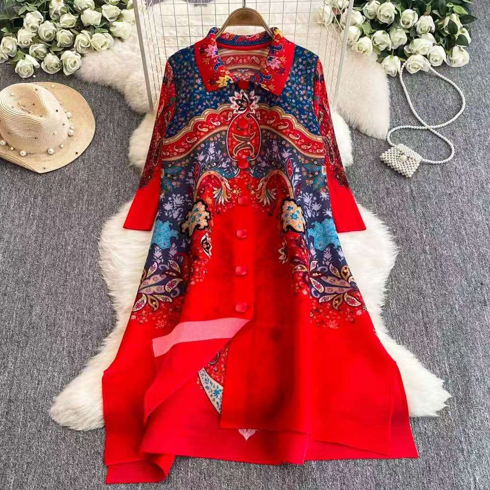 Sanzhai Spring and Autumn Mid length Loose Printed Slimming and Age Reducing Large Size MM Dress with Collar Fold and Nine Cent Sleeve Sanzhai Spring and Autumn Mid length Loose Printed Slimming and Age Reducing Large Size MM Dress with Collar Fold and Nine Cent Sleeve