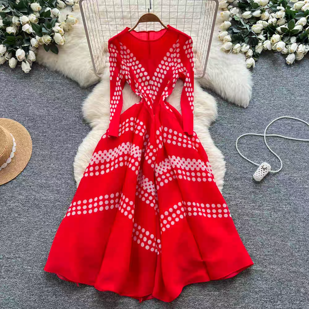 Miyake European and American cross-border elegant polka dot pleated dress, French art retro printed TikTok skirt, plus size women's clothing